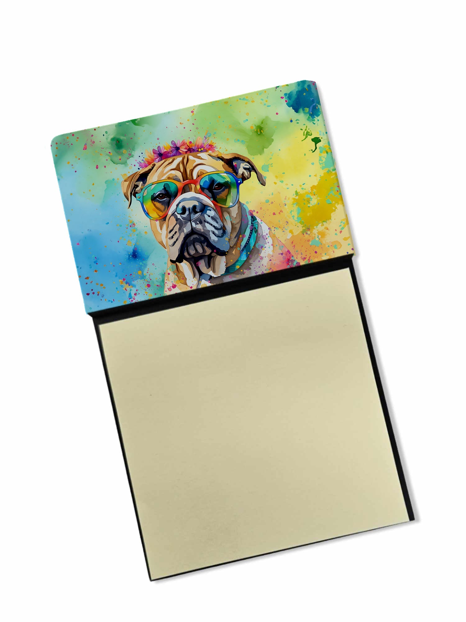 Bullmastiff Hippie Dawg Watercolor Sticky Note Holder Refillable Dispenser Desk Accessory 3x3 Pad Gift