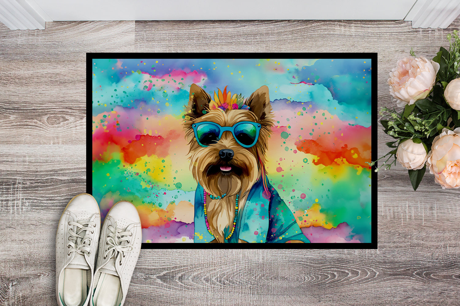 Cairn Terrier Hippie Dawg Doormat Indoor Outdoor 24H X 36W Front Door Mat Rugs for Entryway, Non Slip Washable Low Pile,