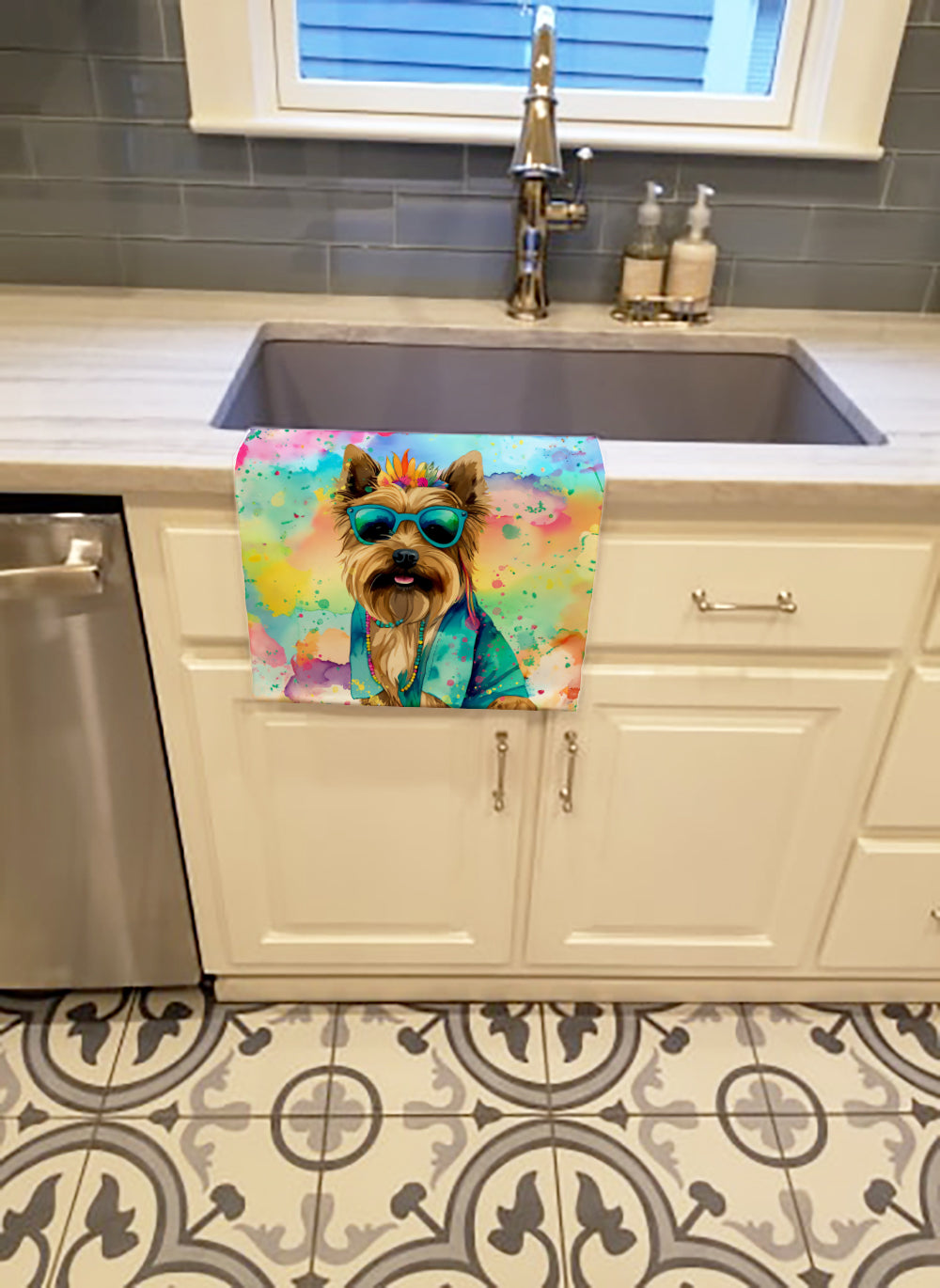 Cairn Terrier Hippie Dawg Kitchen Towel Velour Plush Front and Cotton Loop Back Machine Washable