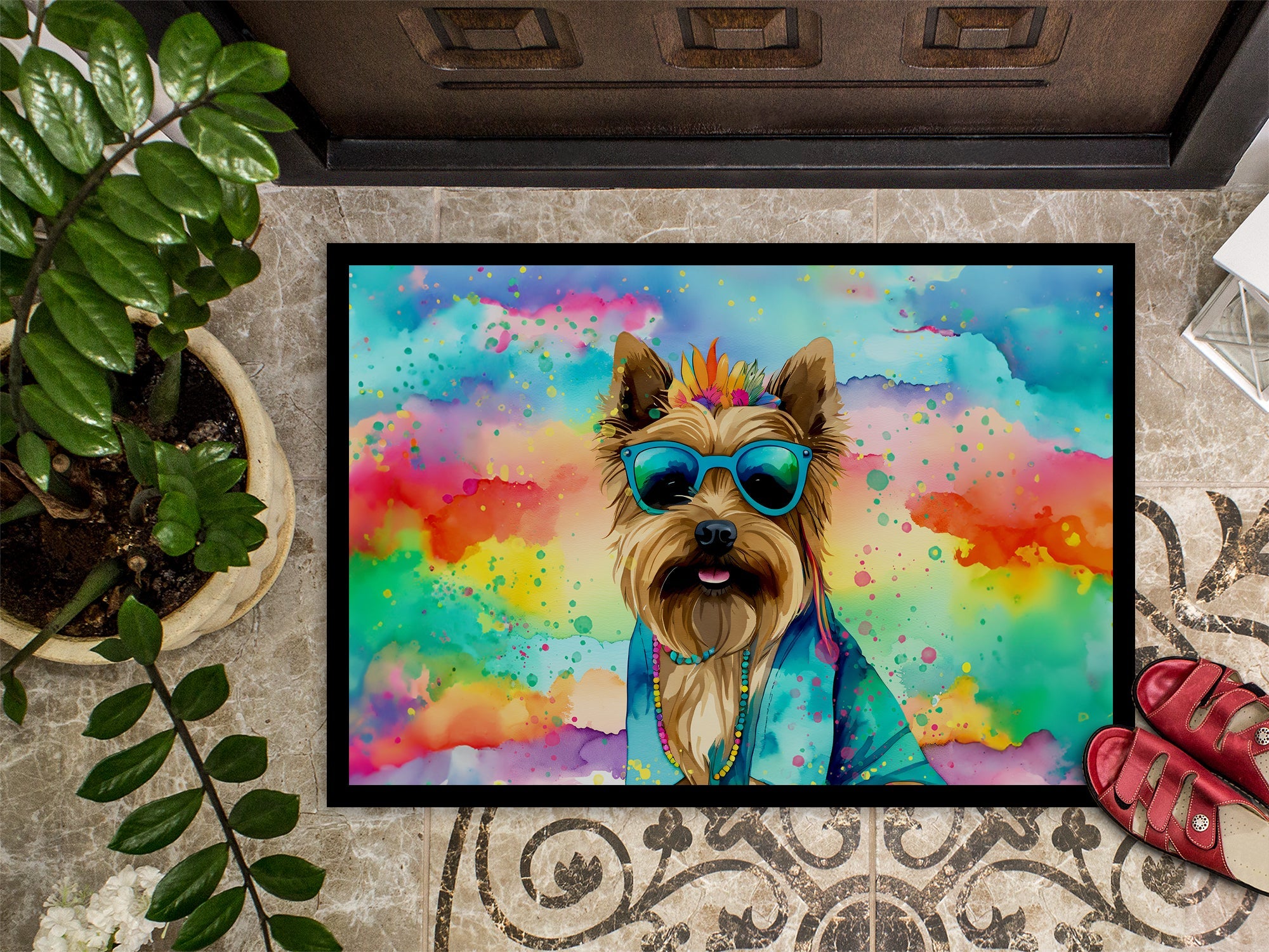 Cairn Terrier Hippie Dawg Doormat Indoor Outdoor 18H X 27W Front Door Mat Rugs for Entryway, Non Slip Washable