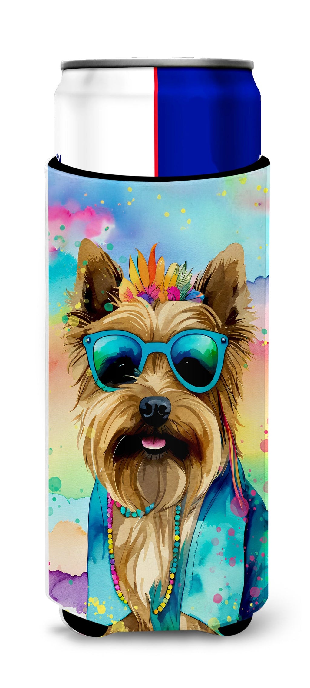 Cairn Terrier Hippie Dawg Slim Can Hugger , Insulated Foam Hugger for 12 oz Slim Cans, Beer Bottles & Water Bottles, Printed in USA