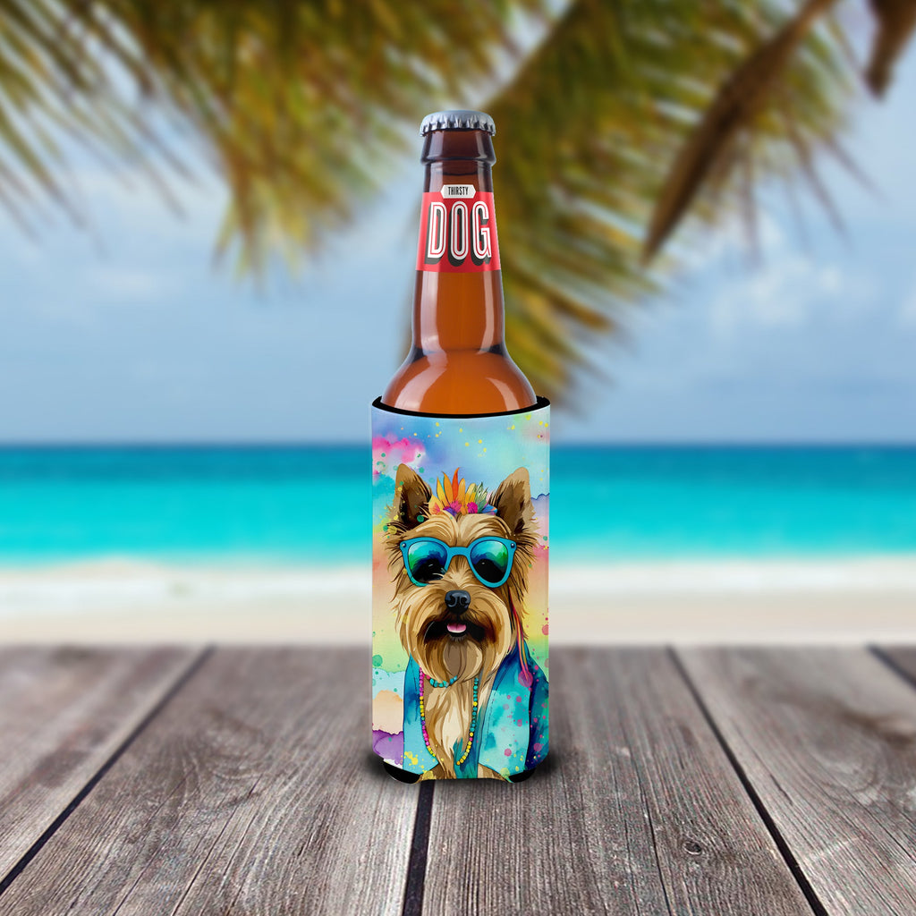 Cairn Terrier Hippie Dawg Slim Can Hugger , Insulated Foam Hugger for 12 oz Slim Cans, Beer Bottles & Water Bottles, Printed in USA