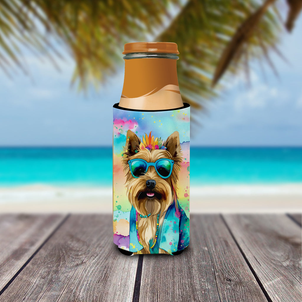 Cairn Terrier Hippie Dawg Slim Can Hugger , Insulated Foam Hugger for 12 oz Slim Cans, Beer Bottles & Water Bottles, Printed in USA