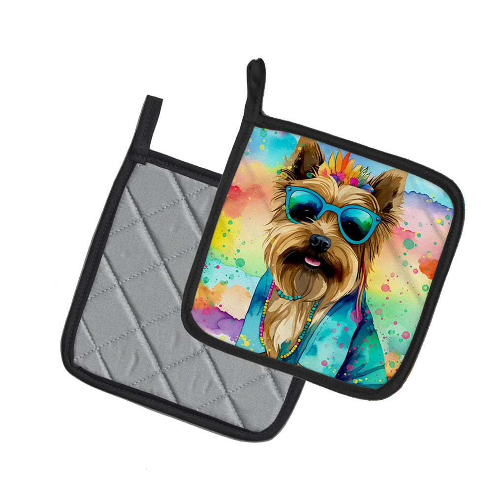 Cairn Terrier Hippie Dawg Pot Holder Set of 2 Heat Resistant Quilted Hot Pads 7.5 x 7.5 Inch, Insulated Kitchen Trivets for Cooking & Baking