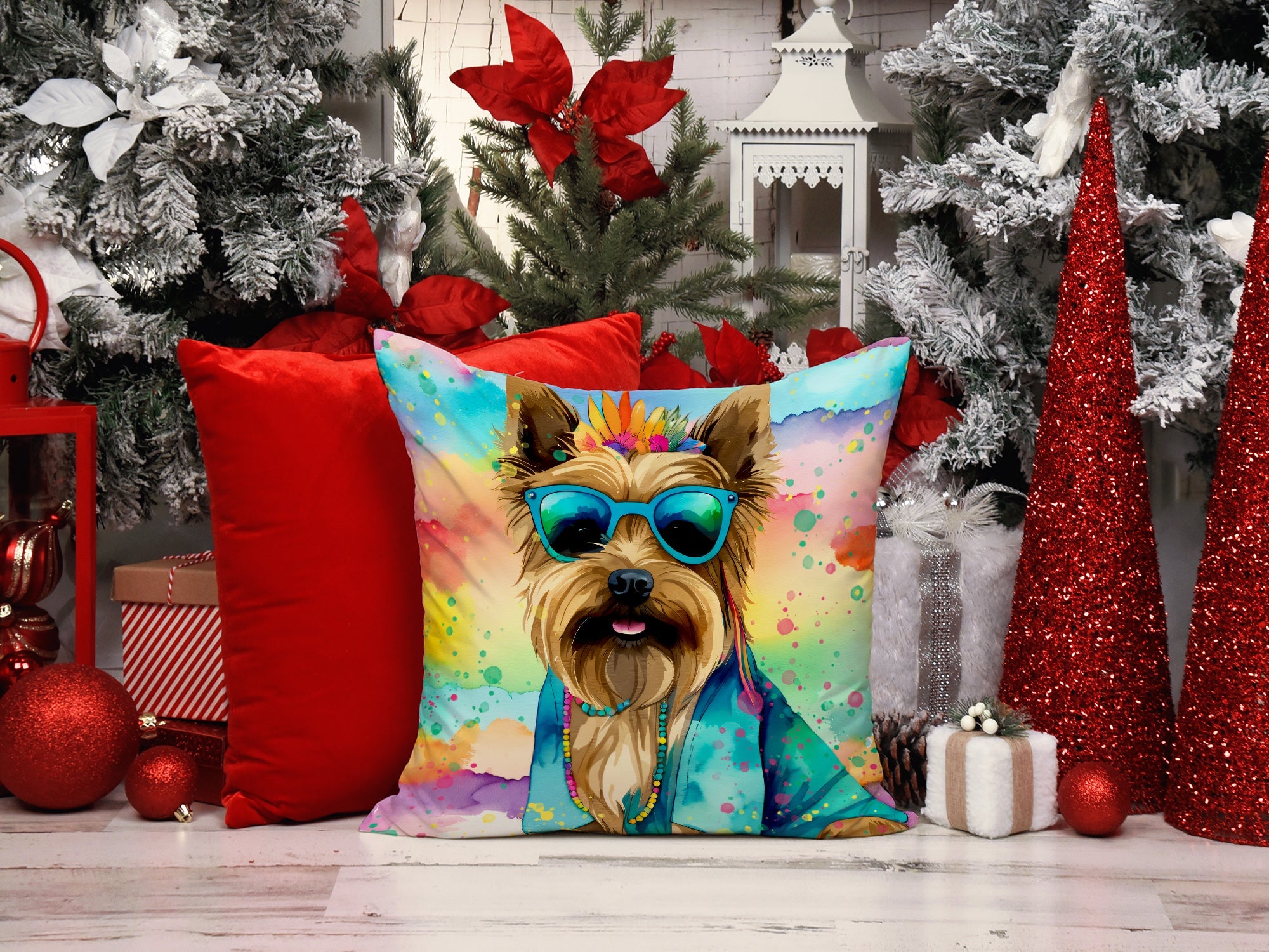 Cairn Terrier Hippie Dawg Decorative Throw Pillow 18x18 Indoor Outdoor Accent Cushion, Fabric Cover with Insert for Sofa, Bed, Porch & Living Room