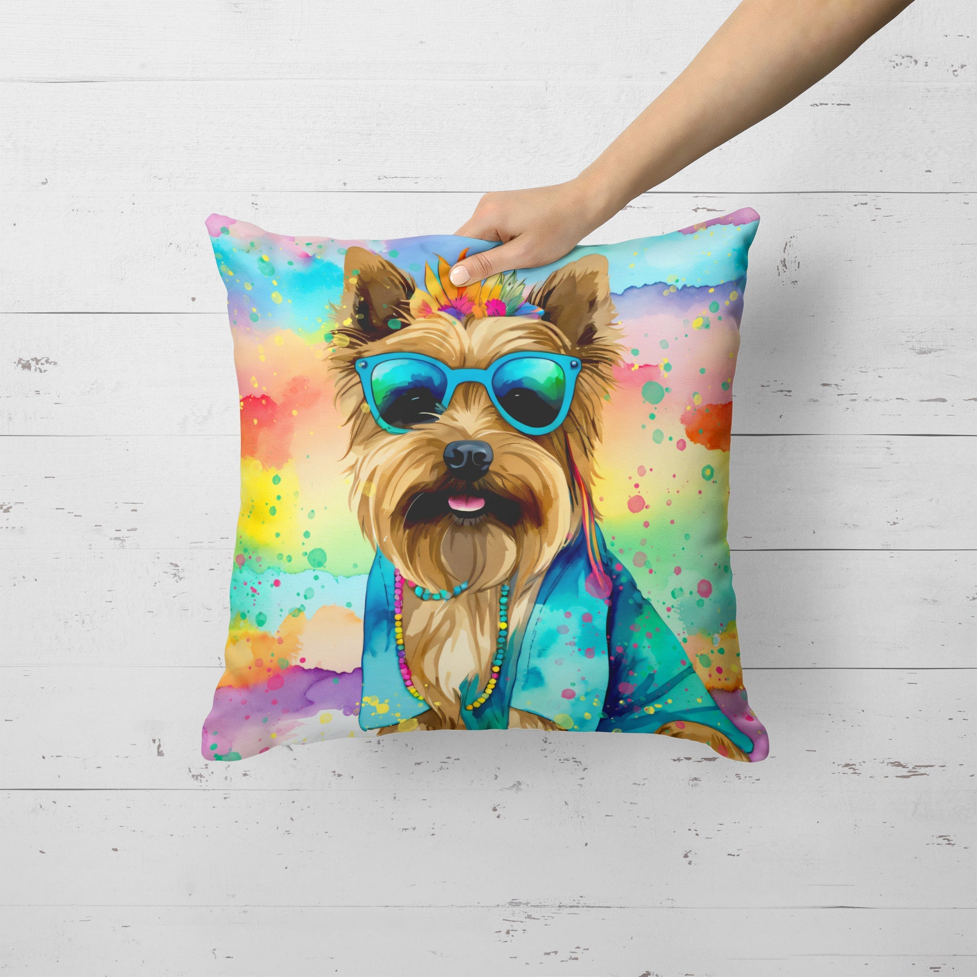 Cairn Terrier Hippie Dawg Decorative Throw Pillow 18x18 Indoor Outdoor Accent Cushion, Fabric Cover with Insert for Sofa, Bed, Porch & Living Room