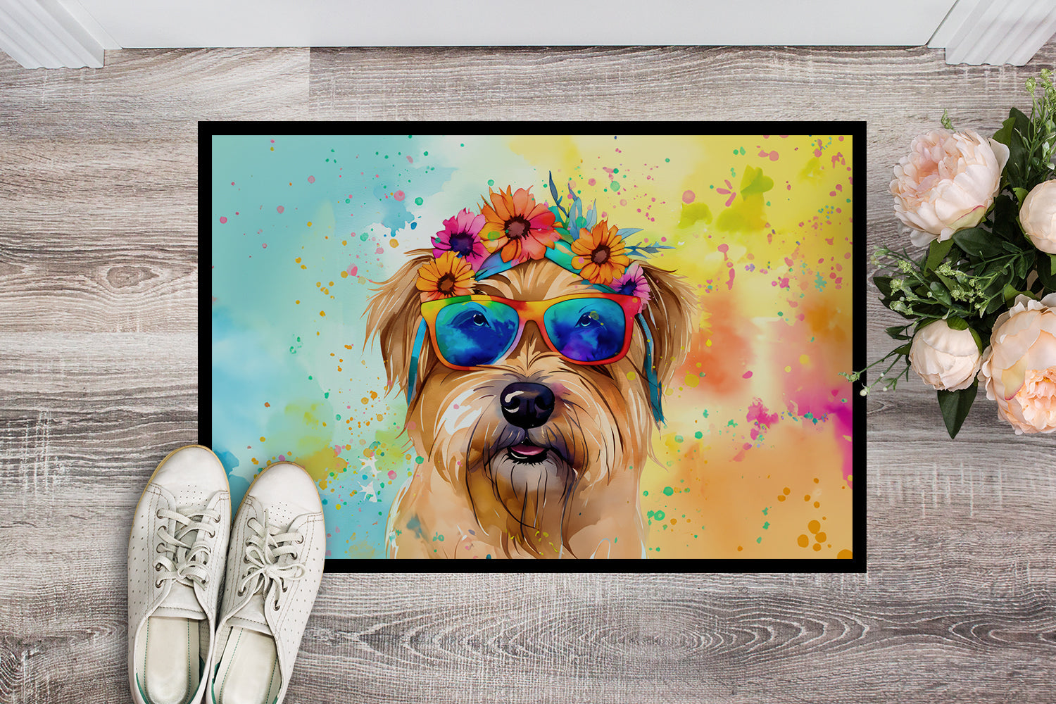 Cairn Terrier Hippie Dawg Doormat Indoor Outdoor 24H X 36W Front Door Mat Rugs for Entryway, Non Slip Washable Low Pile,