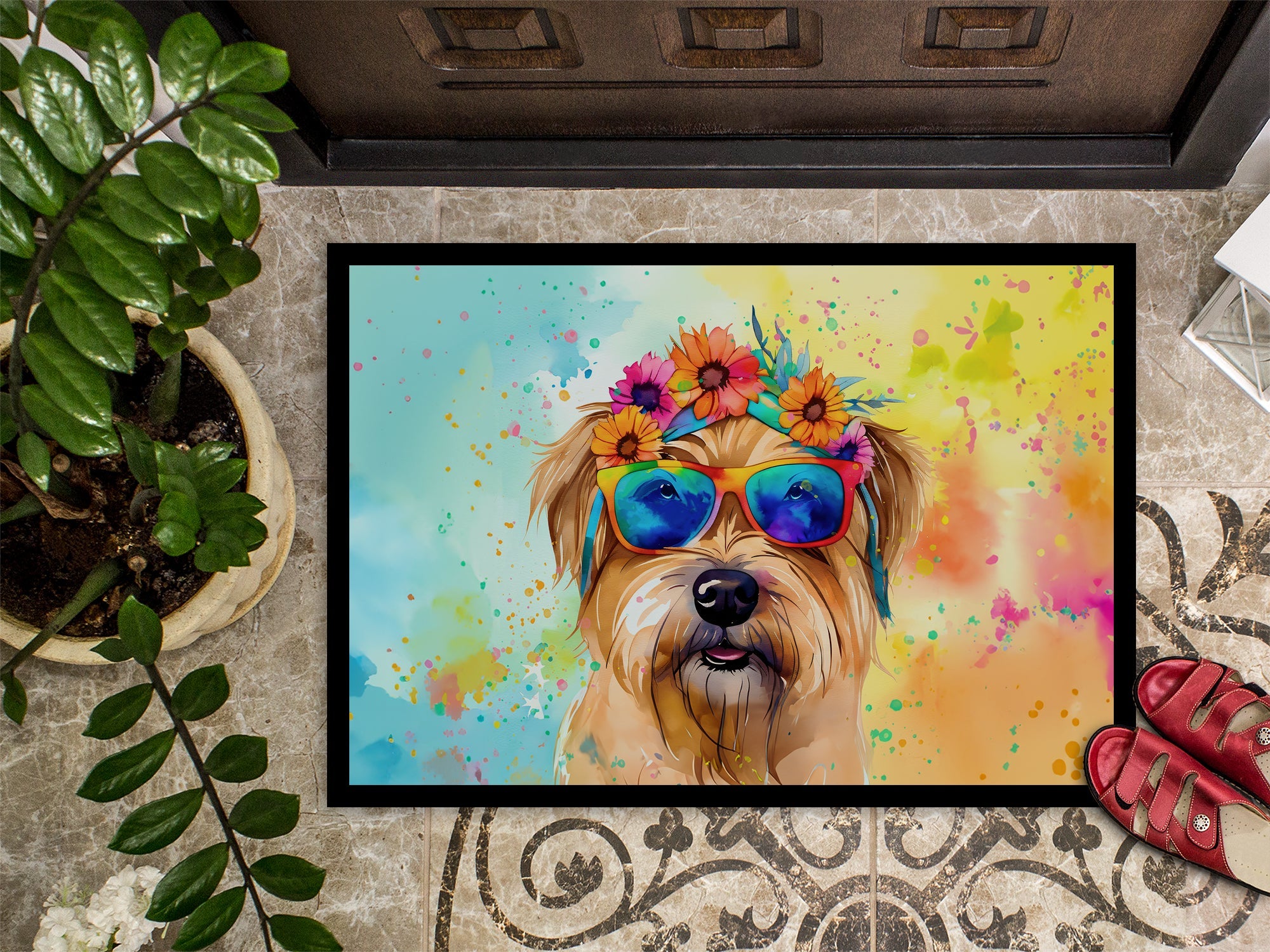 Cairn Terrier Hippie Dawg Doormat Indoor Outdoor 24H X 36W Front Door Mat Rugs for Entryway, Non Slip Washable Low Pile,