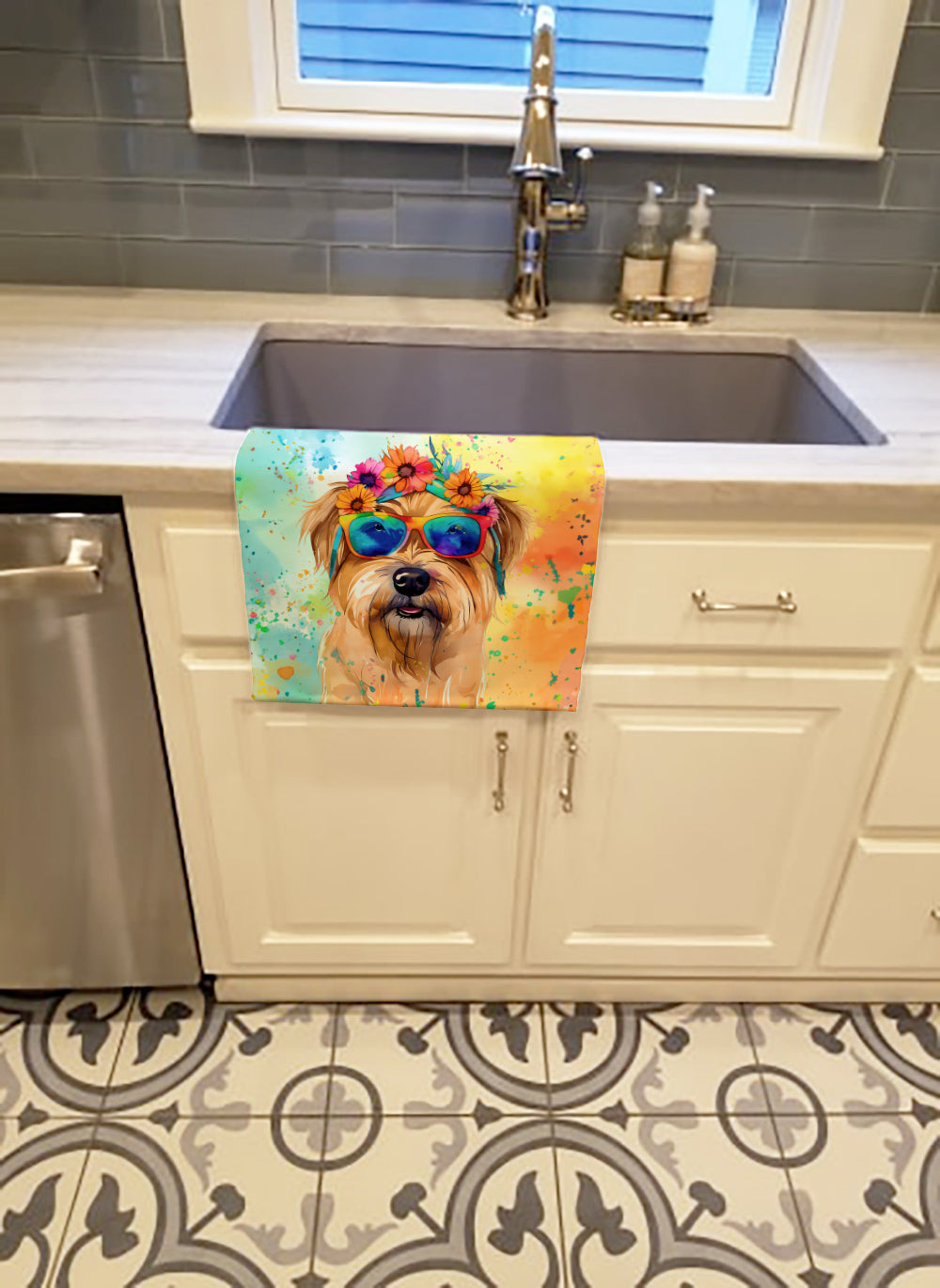 Cairn Terrier Hippie Dawg Kitchen Towel Velour Plush Front and Cotton Loop Back Machine Washable
