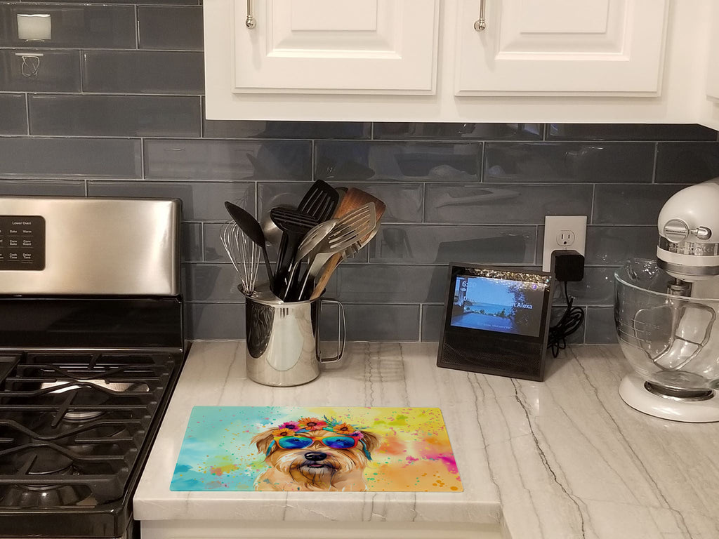 Cairn Terrier Hippie Dawg Cutting Board Tempered Glass Kitchen Cutting Surface, Heat Resistant Chopping, Non-Slip Feet, Food Prep & Serving