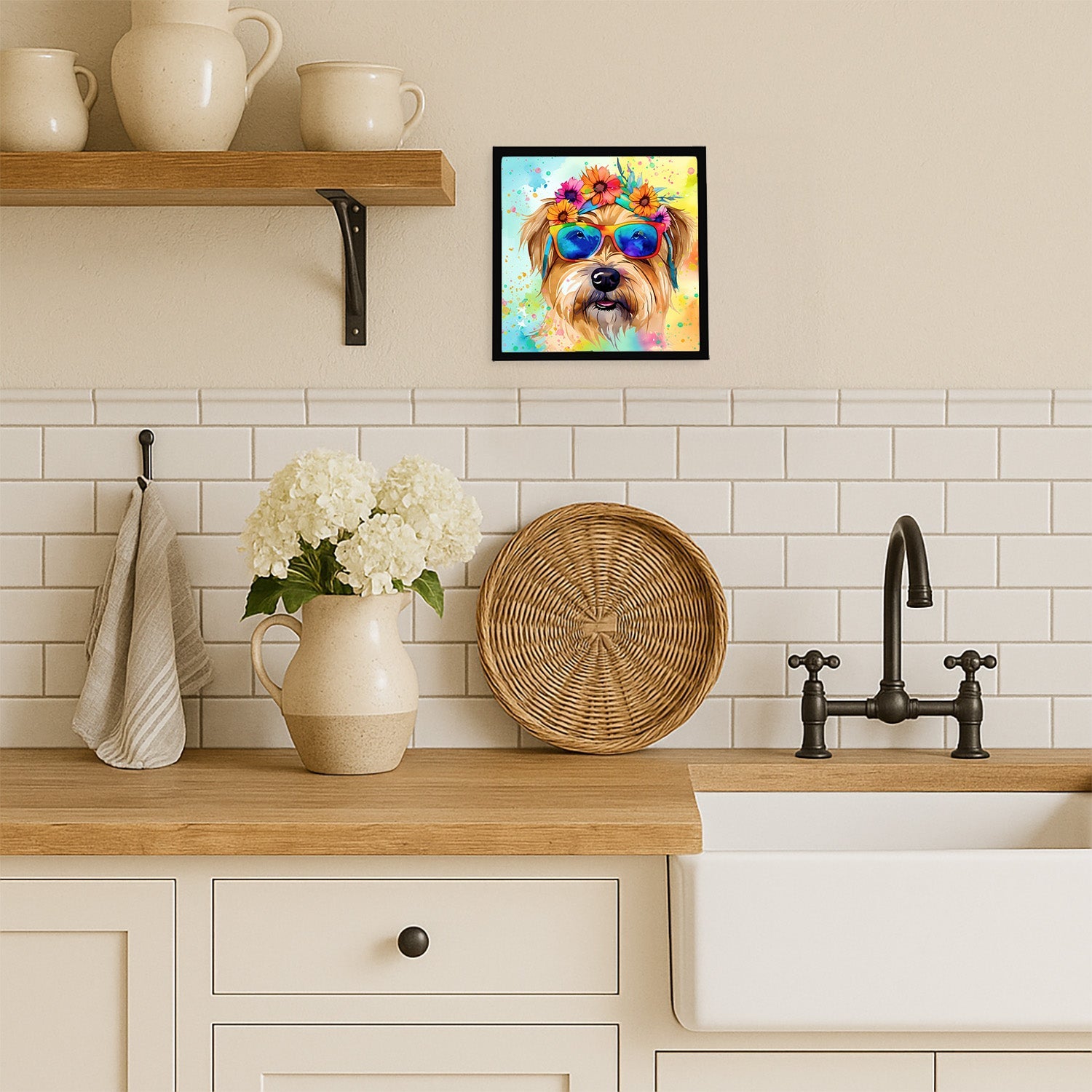 Cairn Terrier Hippie Dawg Framed Metal Print Bathroom, Kitchen, Office, Home Decor Wall Art Ready to Hang, Square, 8X8