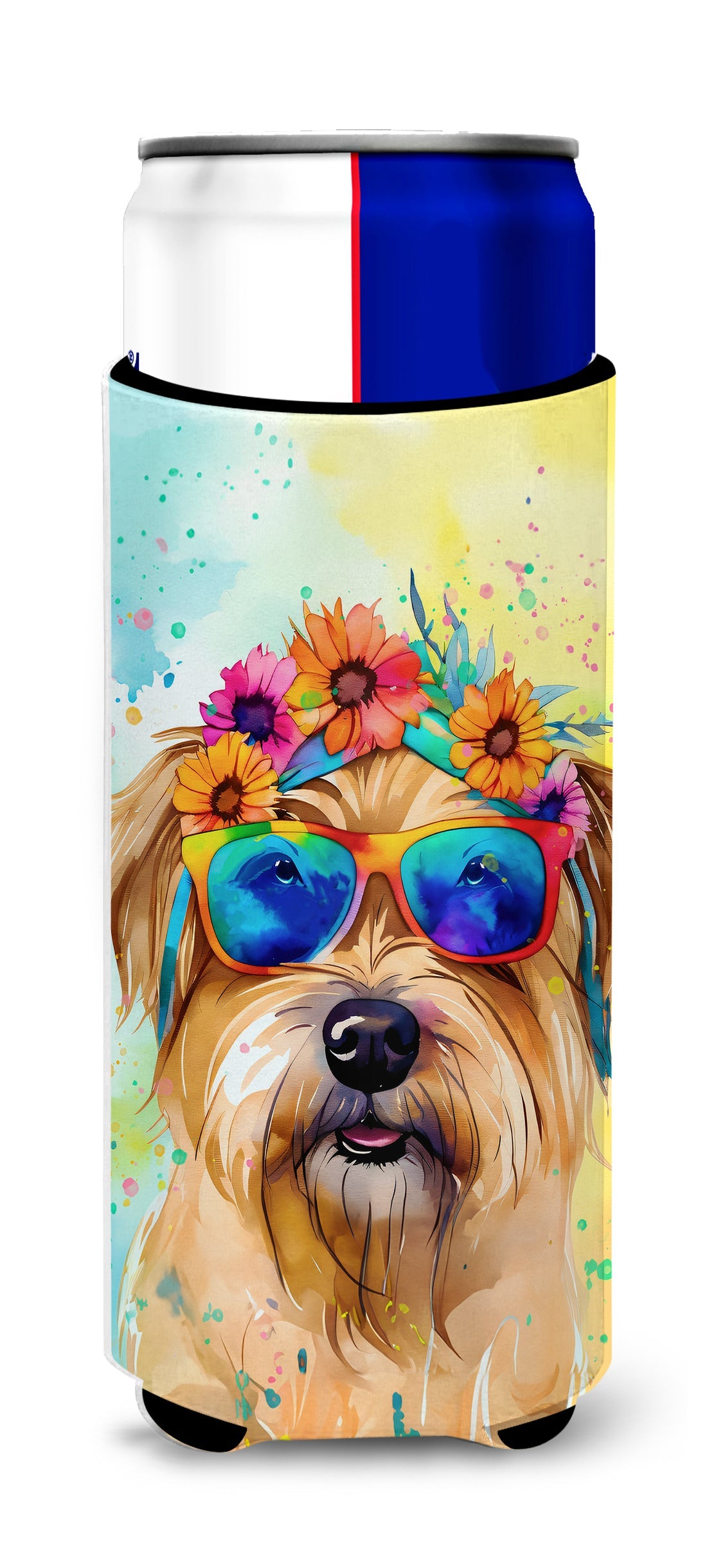 Cairn Terrier Hippie Dawg Slim Can Hugger , Insulated Foam Hugger for 12 oz Slim Cans, Beer Bottles & Water Bottles, Printed in USA