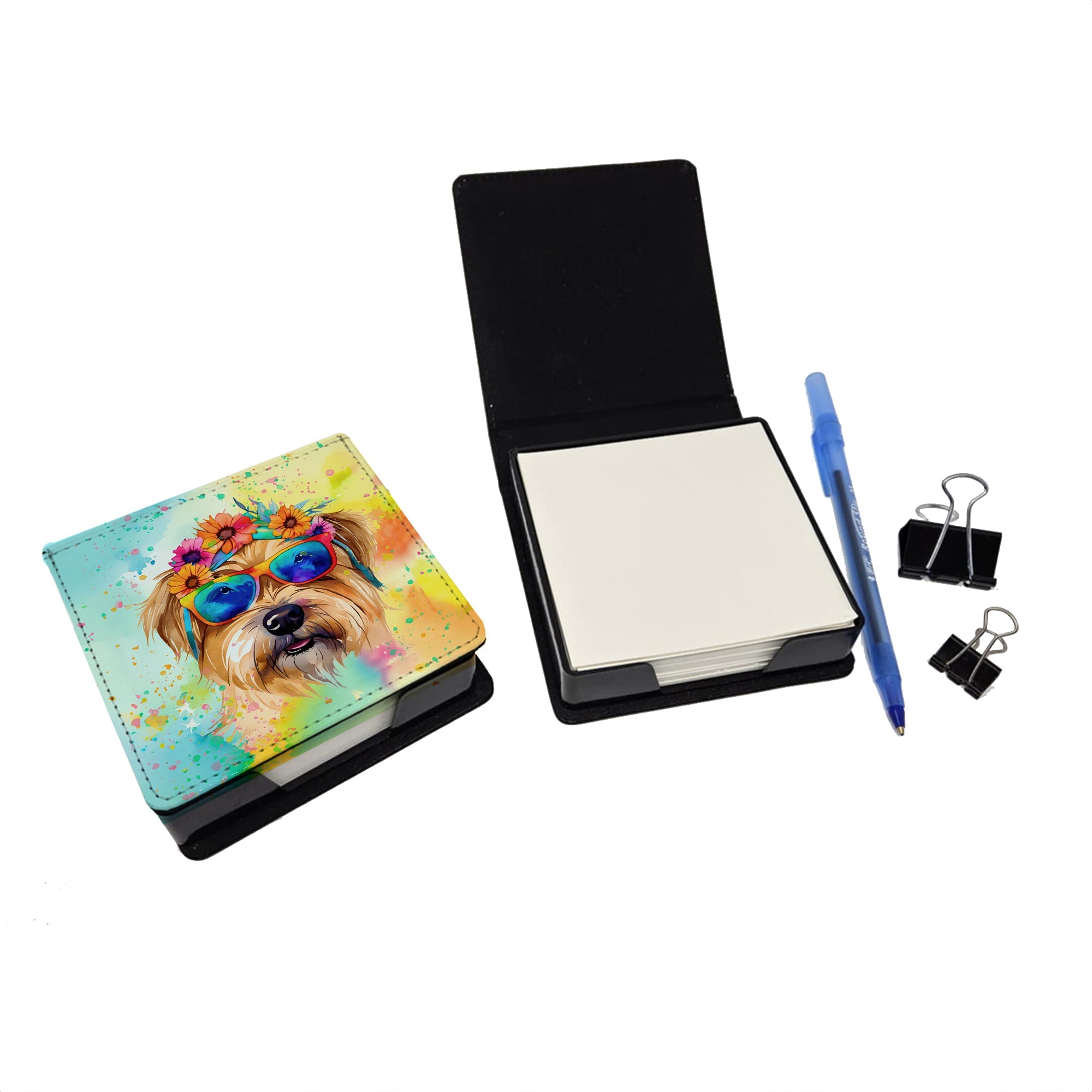 Cairn Terrier Hippie Dawg PU Leather Note Paper Holder with Artist-Designed Cover, Desk Accessory, Office Gift