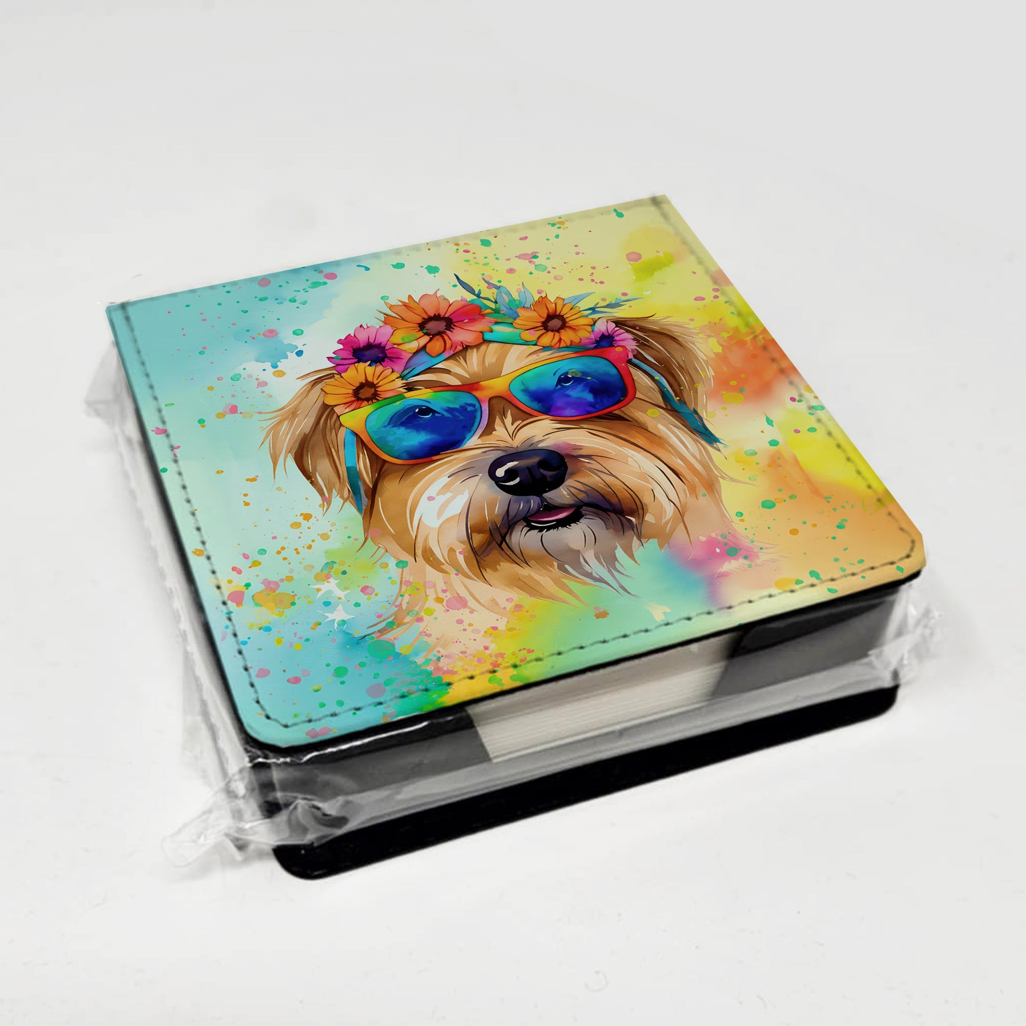 Cairn Terrier Hippie Dawg PU Leather Note Paper Holder with Artist-Designed Cover, Desk Accessory, Office Gift