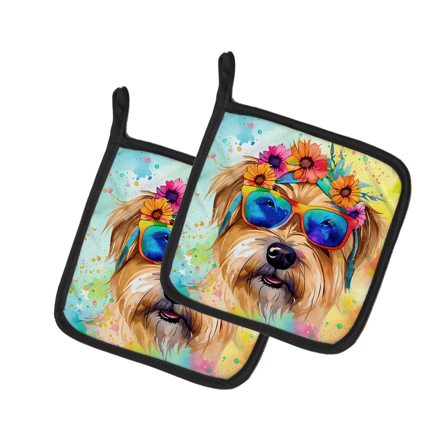 Cairn Terrier Hippie Dawg Pot Holder Set of 2 Heat Resistant Quilted Hot Pads 7.5 x 7.5 Inch, Insulated Kitchen Trivets for Cooking & Baking