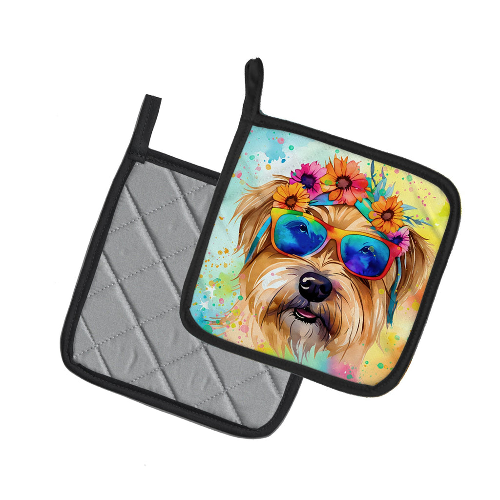 Cairn Terrier Hippie Dawg Pot Holder Set of 2 Heat Resistant Quilted Hot Pads 7.5 x 7.5 Inch, Insulated Kitchen Trivets for Cooking & Baking