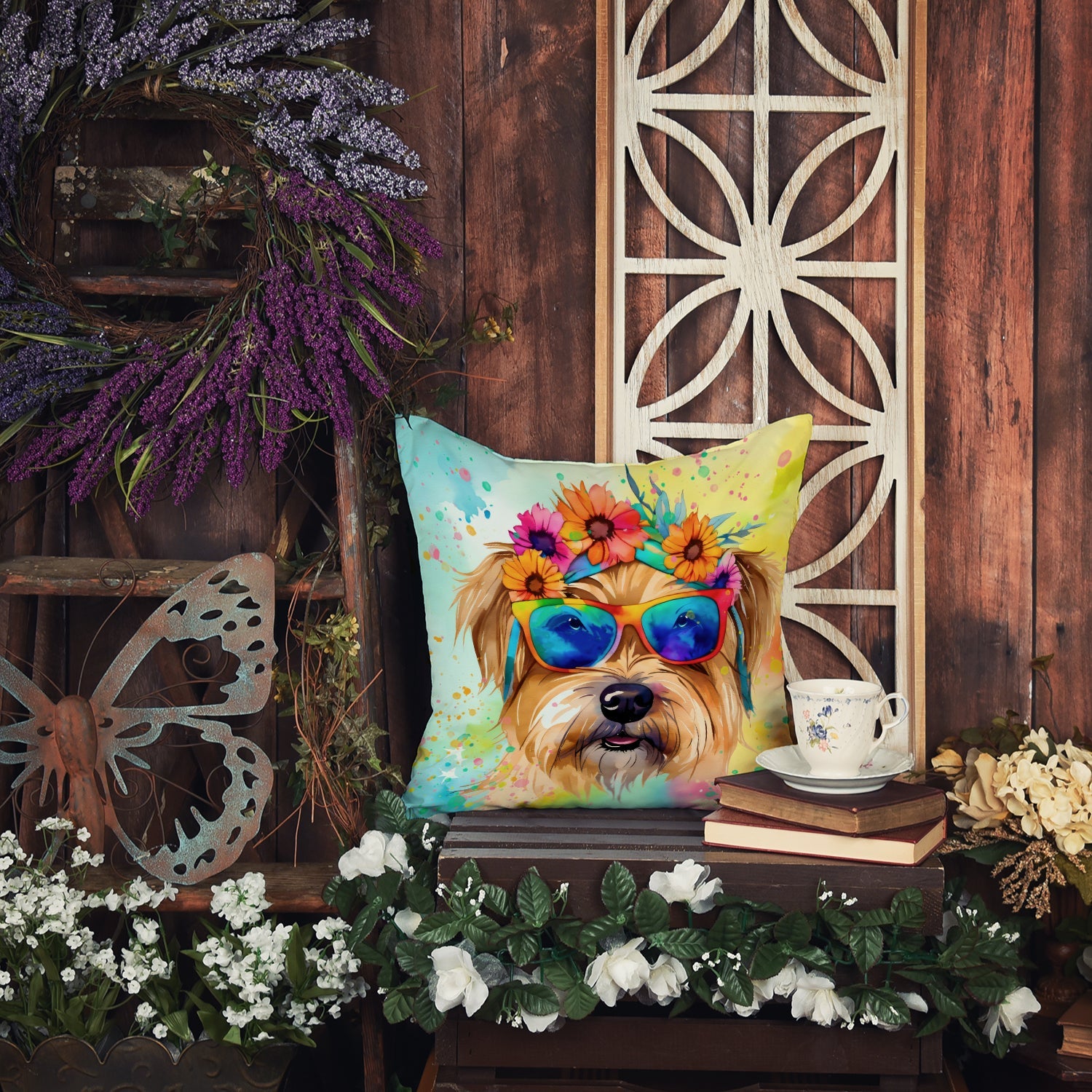 Cairn Terrier Hippie Dawg Decorative Throw Pillow 14x14 Indoor Outdoor Accent Cushion, Fabric Cover with Insert for Sofa, Bed, Porch & Living Room
