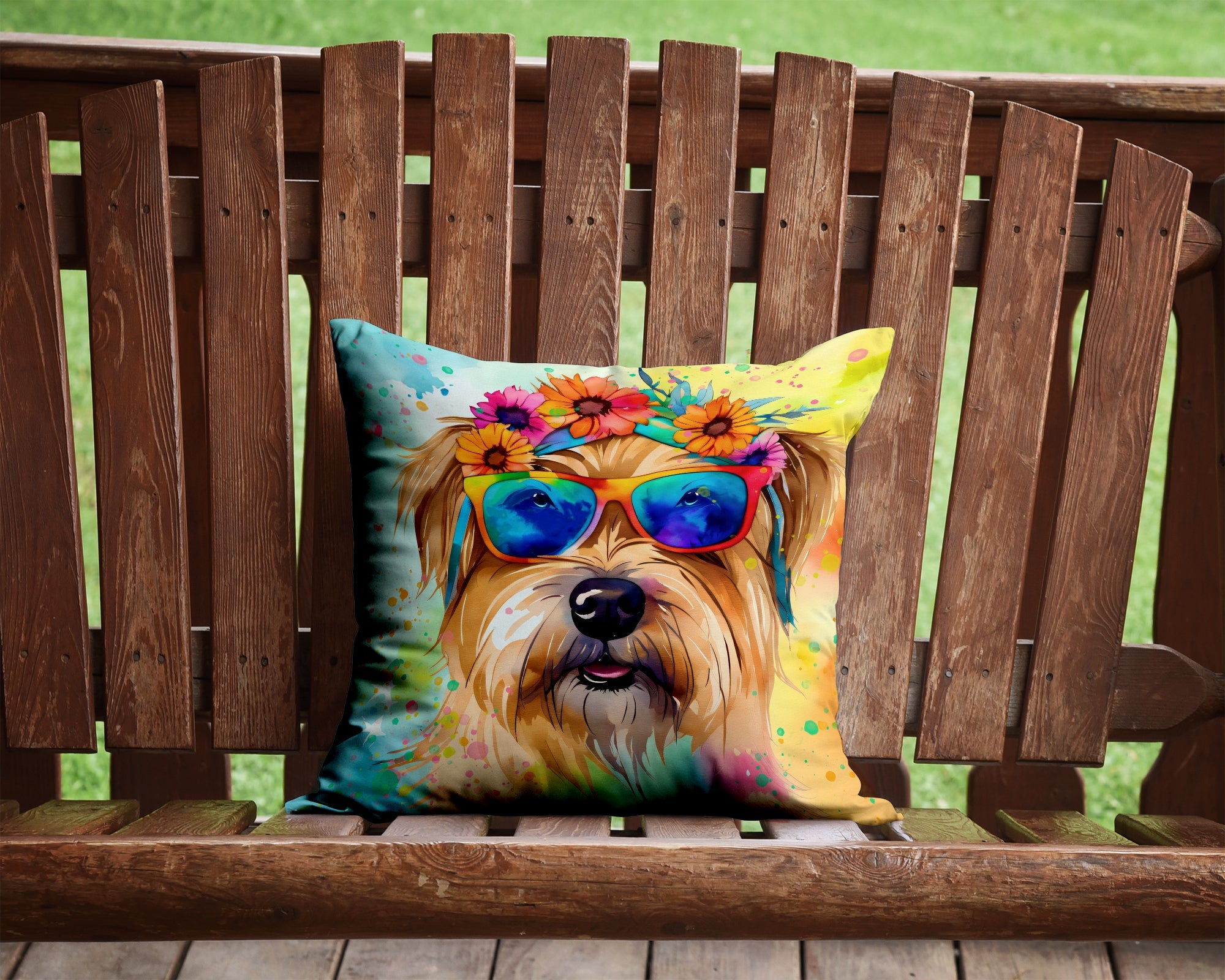 Cairn Terrier Hippie Dawg Decorative Throw Pillow 14x14 Indoor Outdoor Accent Cushion, Fabric Cover with Insert for Sofa, Bed, Porch & Living Room