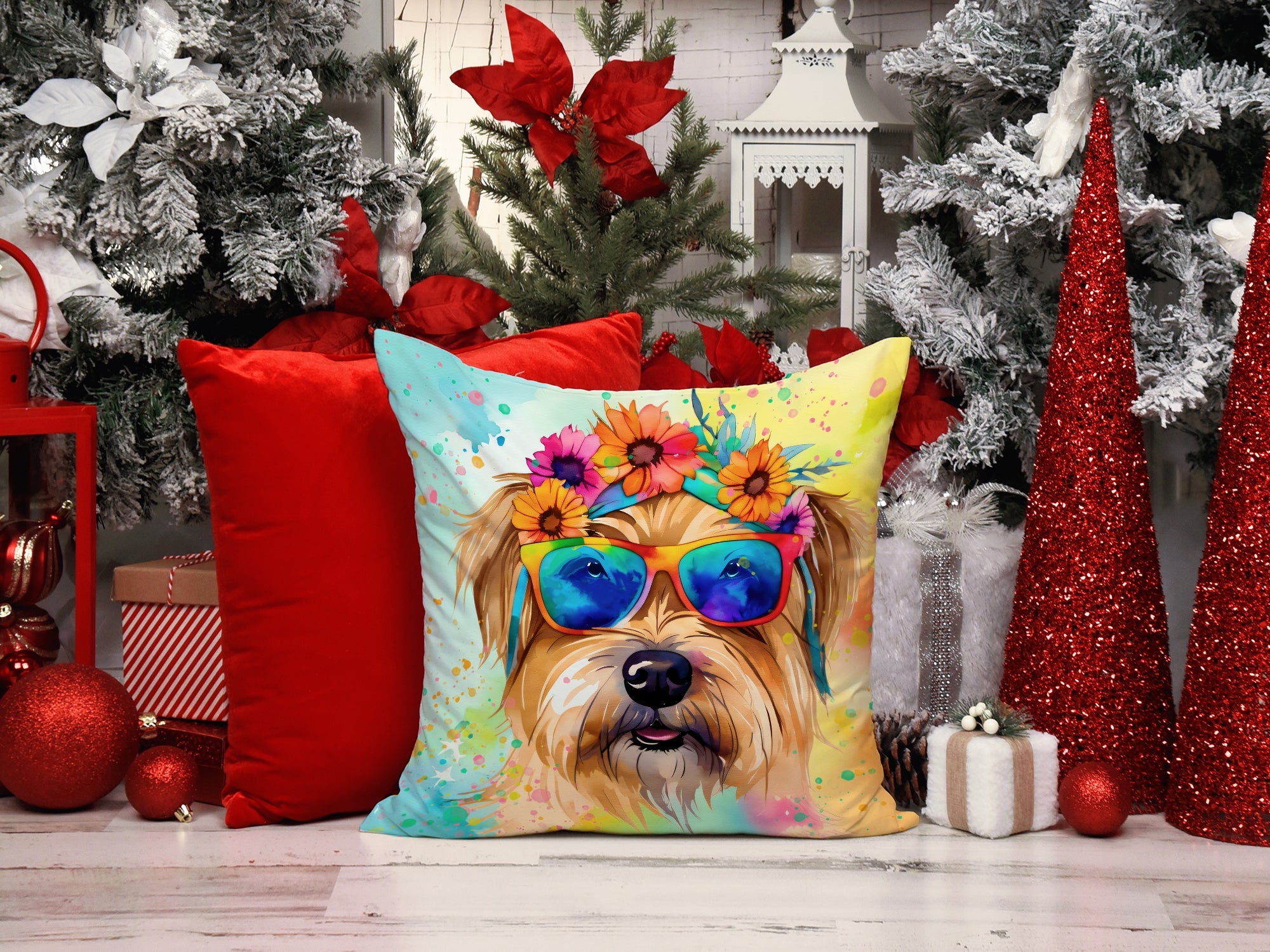 Cairn Terrier Hippie Dawg Decorative Throw Pillow 18x18 Indoor Outdoor Accent Cushion, Fabric Cover with Insert for Sofa, Bed, Porch & Living Room