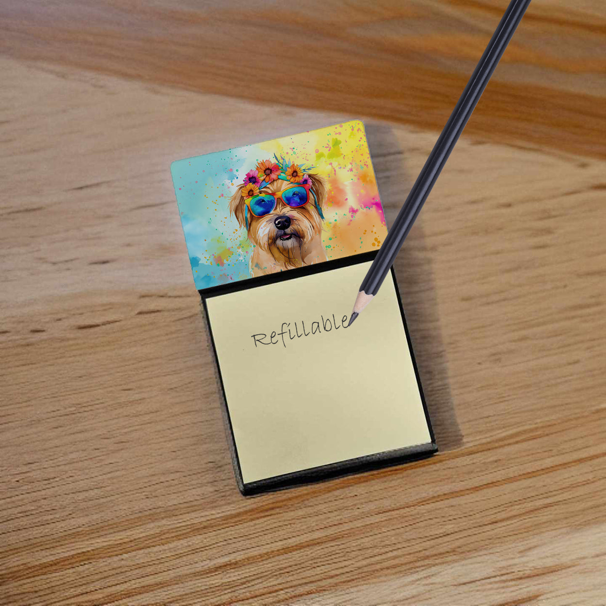 Cairn Terrier Hippie Dawg Watercolor Sticky Note Holder Refillable Dispenser Desk Accessory 3x3 Pad Gift