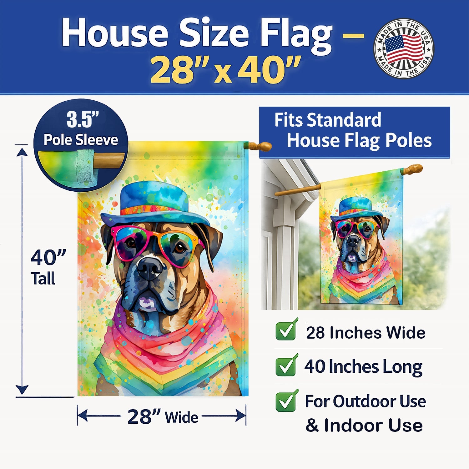 Cane Corso Hippie Dawg House Flag 28x40 Porch Sleeve Pole Decorative Outside Yard Banner Artwork Wall Hanging, Polyester