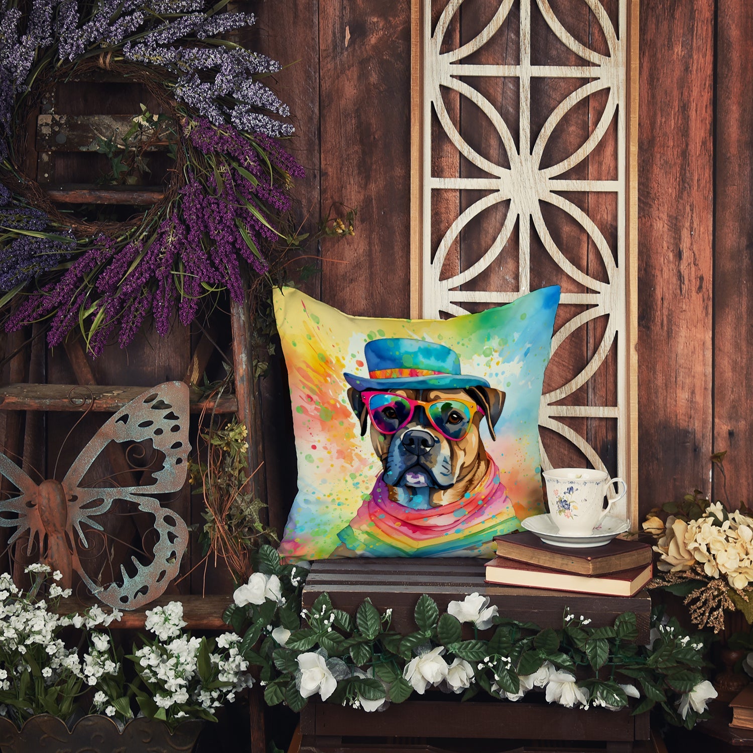 Cane Corso Hippie Dawg Decorative Throw Pillow 18x18 Indoor Outdoor Accent Cushion, Fabric Cover with Insert for Sofa, Bed, Porch & Living Room