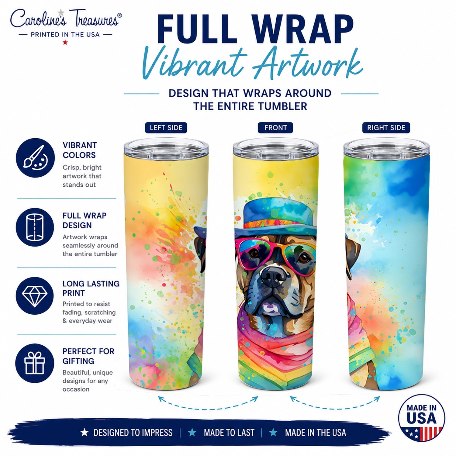 Cane Corso Hippie Dawg Stainless Steel Skinny Tumbler 20 oz Vacuum Double Walled Reusable Insulated Travel Cup