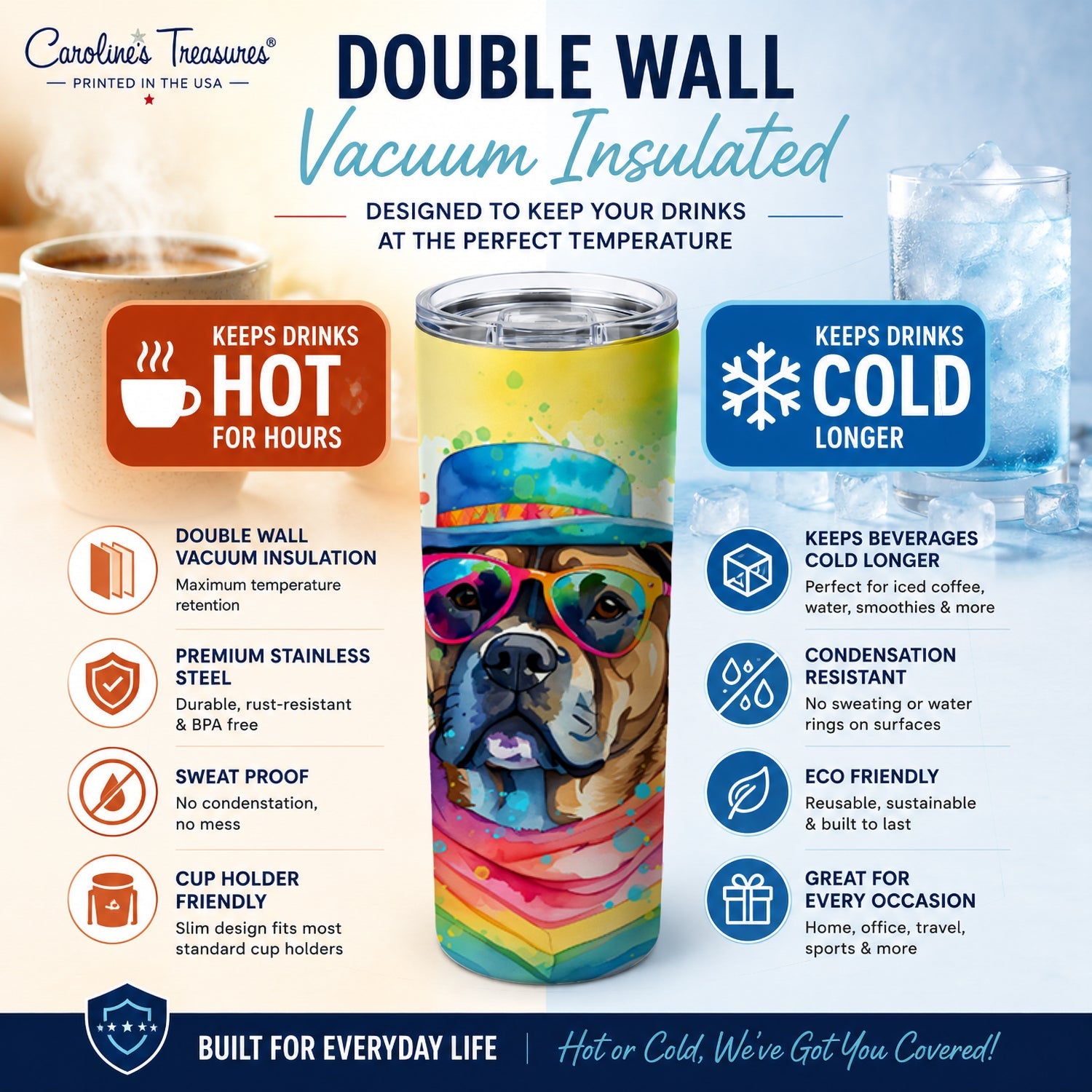 Cane Corso Hippie Dawg Stainless Steel Skinny Tumbler 20 oz Vacuum Double Walled Reusable Insulated Travel Cup