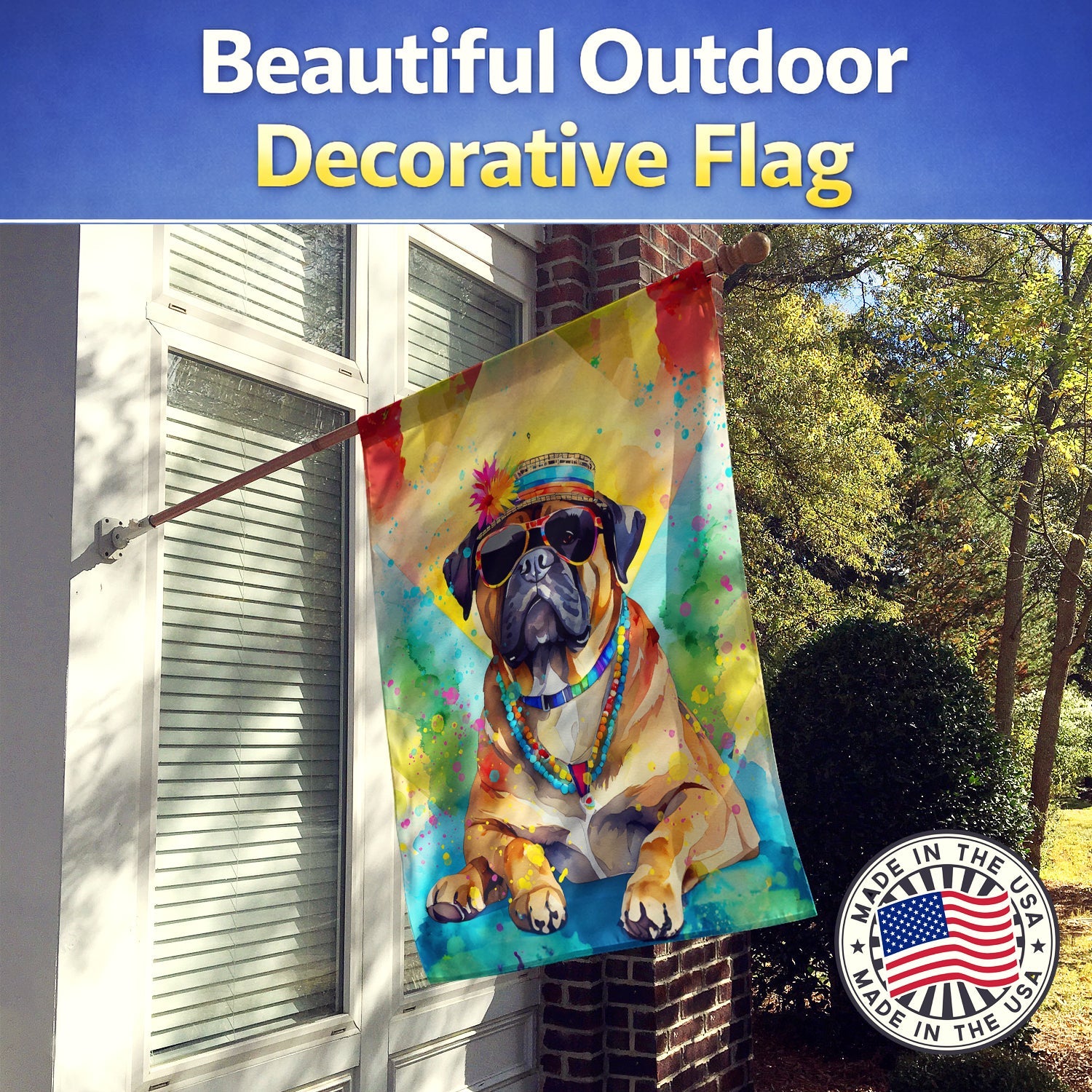Cane Corso Hippie Dawg House Flag 28x40 Porch Sleeve Pole Decorative Outside Yard Banner Artwork Wall Hanging, Polyester