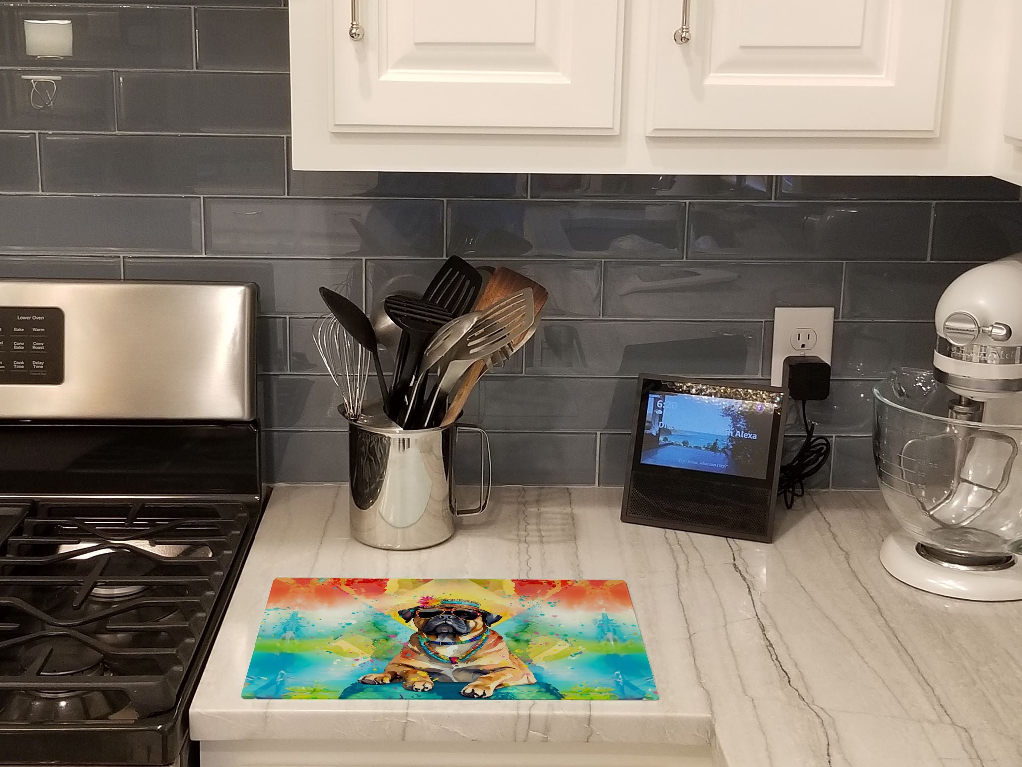 Cane Corso Hippie Dawg Cutting Board Tempered Glass Kitchen Cutting Surface, Heat Resistant Chopping, Non-Slip Feet, Food Prep & Serving
