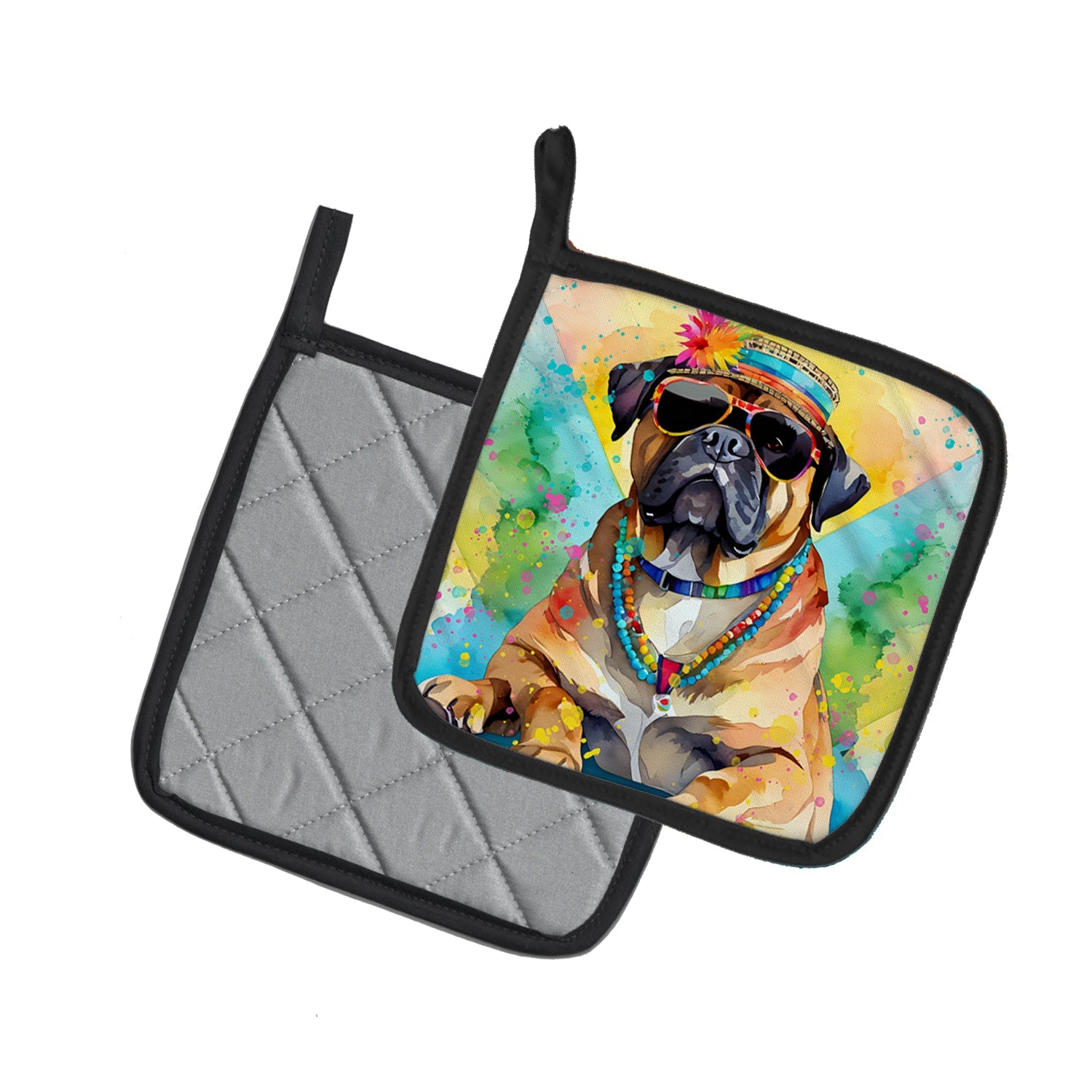 Cane Corso Hippie Dawg Pot Holder Set of 2 Heat Resistant Quilted Hot Pads 7.5 x 7.5 Inch, Insulated Kitchen Trivets for Cooking & Baking