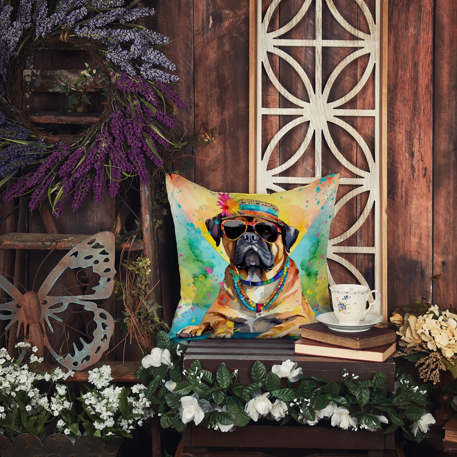 Cane Corso Hippie Dawg Decorative Throw Pillow 14x14 Indoor Outdoor Accent Cushion, Fabric Cover with Insert for Sofa, Bed, Porch & Living Room