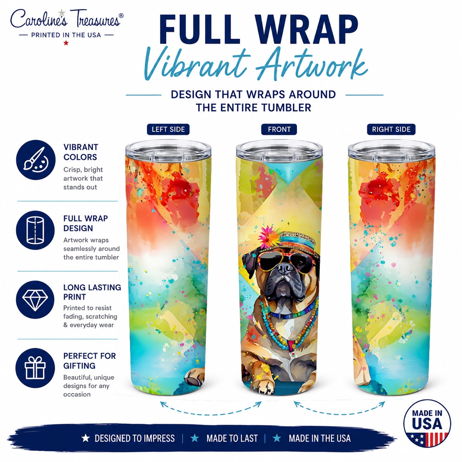 Cane Corso Hippie Dawg Stainless Steel Skinny Tumbler 20 oz Vacuum Double Walled Reusable Insulated Travel Cup