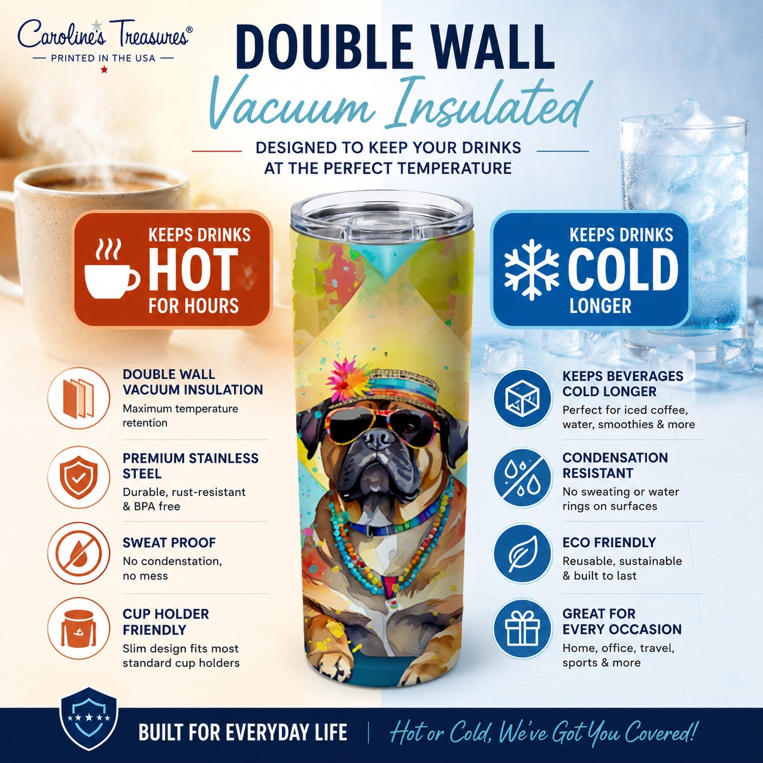 Cane Corso Hippie Dawg Stainless Steel Skinny Tumbler 20 oz Vacuum Double Walled Reusable Insulated Travel Cup