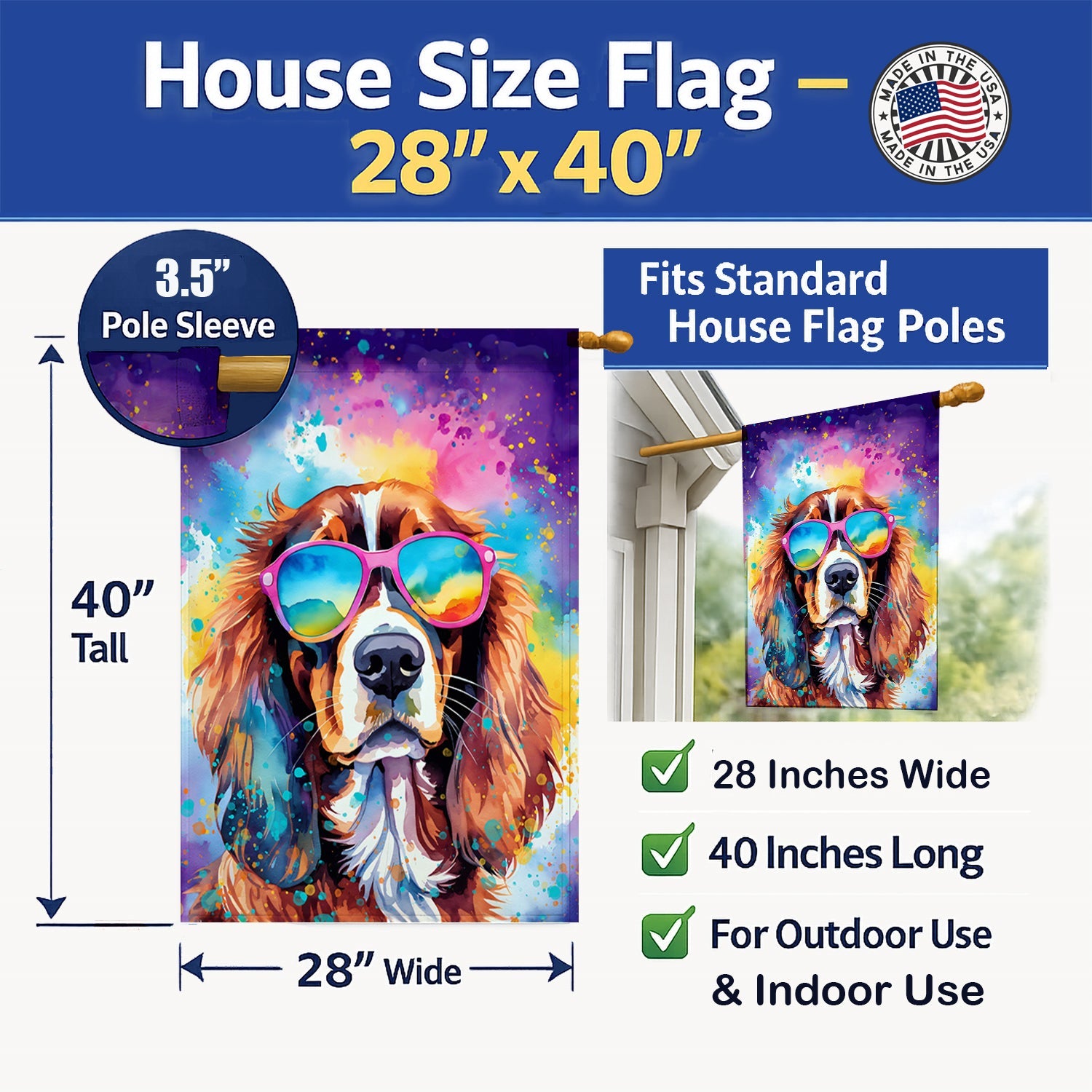 Cavalier Spaniel Hippie Dawg House Flag 28x40 Porch Sleeve Pole Decorative Outside Yard Banner Artwork Wall Hanging, Polyester