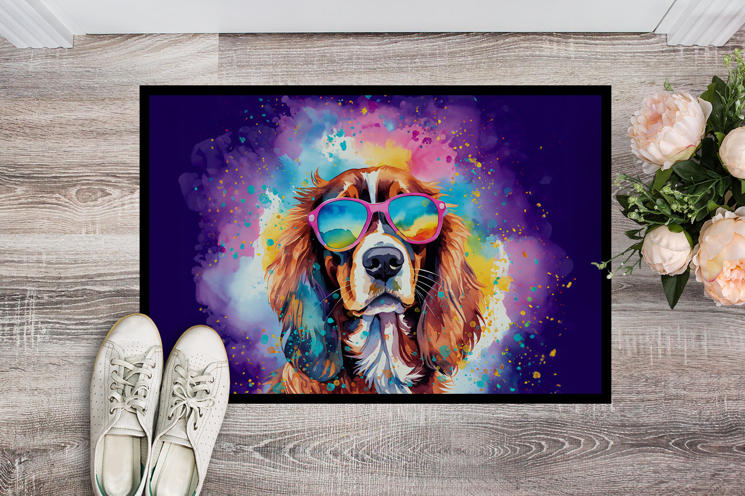 Cavalier Spaniel Hippie Dawg Doormat Indoor Outdoor 24H X 36W Front Door Mat Rugs for Entryway, Non Slip Washable Low Pile,