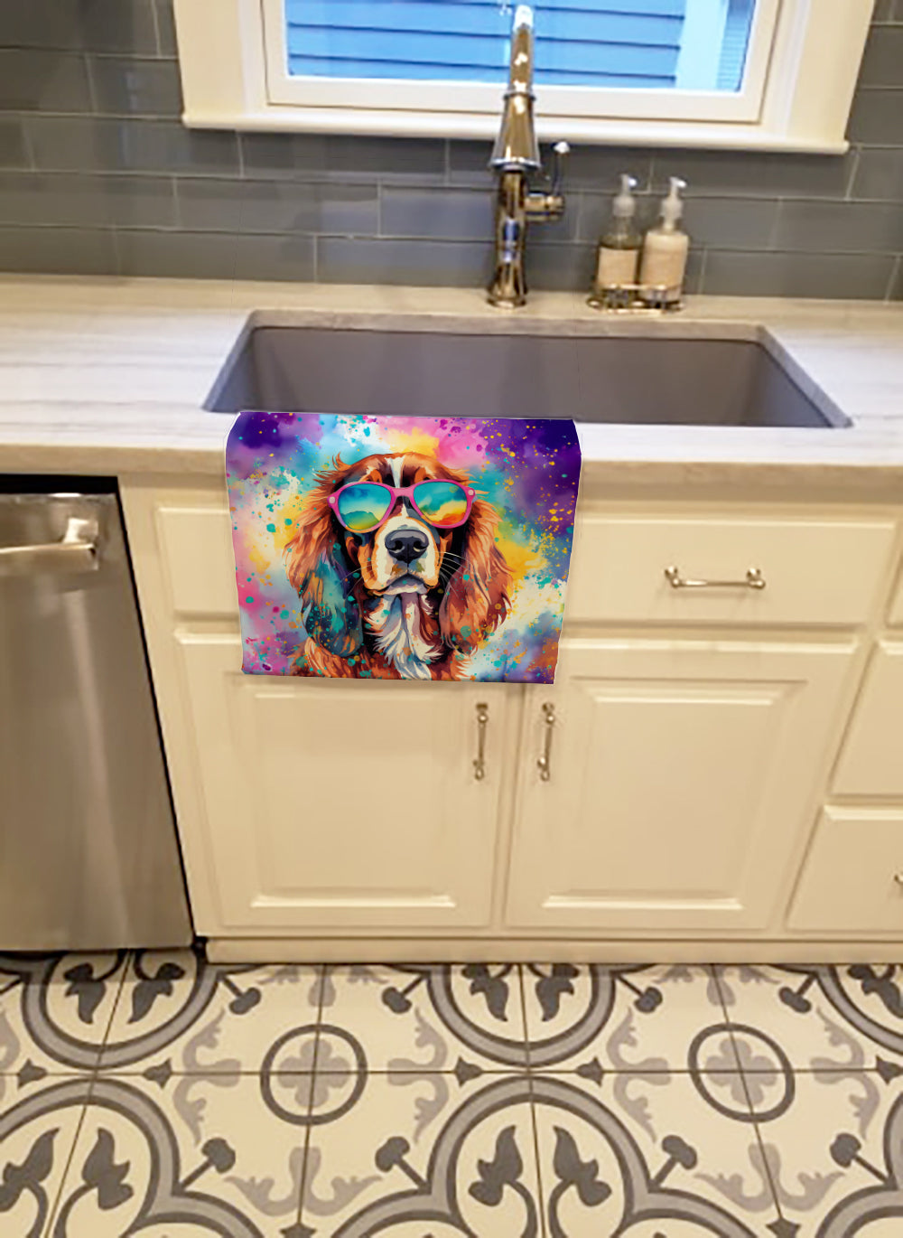 Cavalier Spaniel Hippie Dawg Kitchen Towel Velour Plush Front and Cotton Loop Back Machine Washable