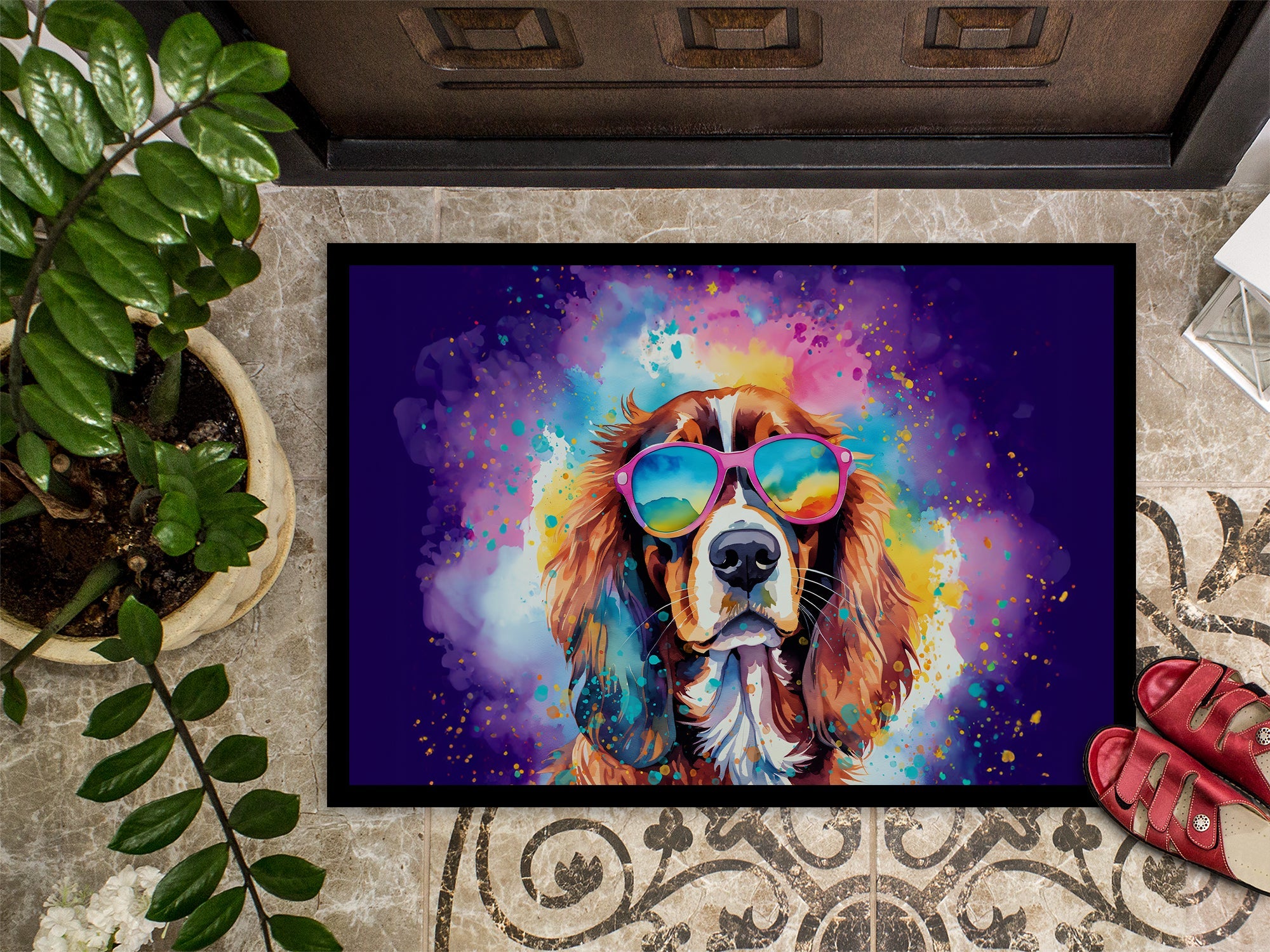 Cavalier Spaniel Hippie Dawg Doormat Indoor Outdoor 18H X 27W Front Door Mat Rugs for Entryway, Non Slip Washable