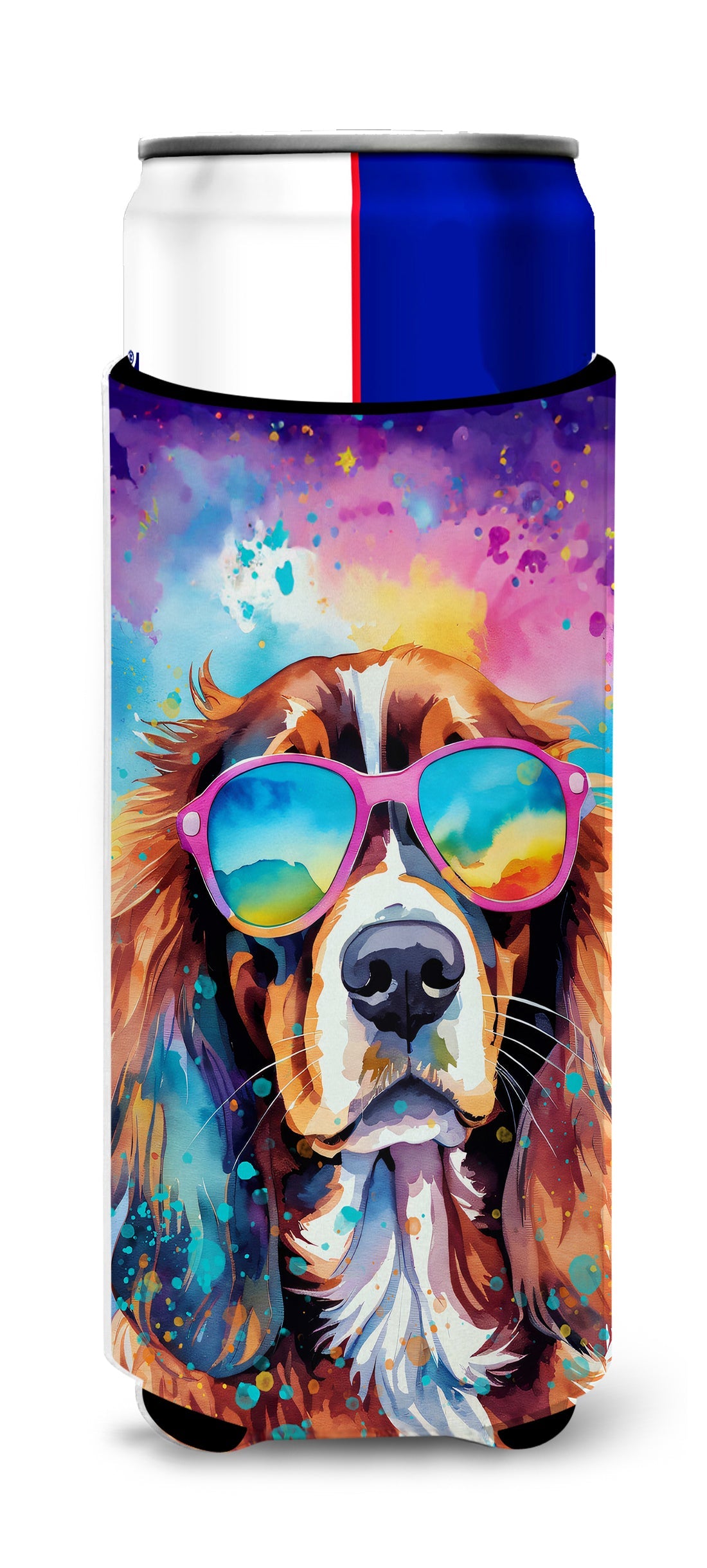 Cavalier Spaniel Hippie Dawg Slim Can Hugger , Insulated Foam Hugger for 12 oz Slim Cans, Beer Bottles & Water Bottles, Printed in USA