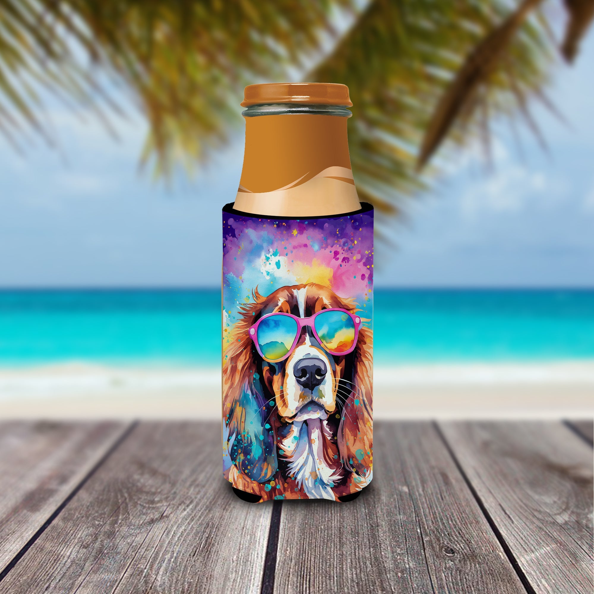 Cavalier Spaniel Hippie Dawg Slim Can Hugger , Insulated Foam Hugger for 12 oz Slim Cans, Beer Bottles & Water Bottles, Printed in USA