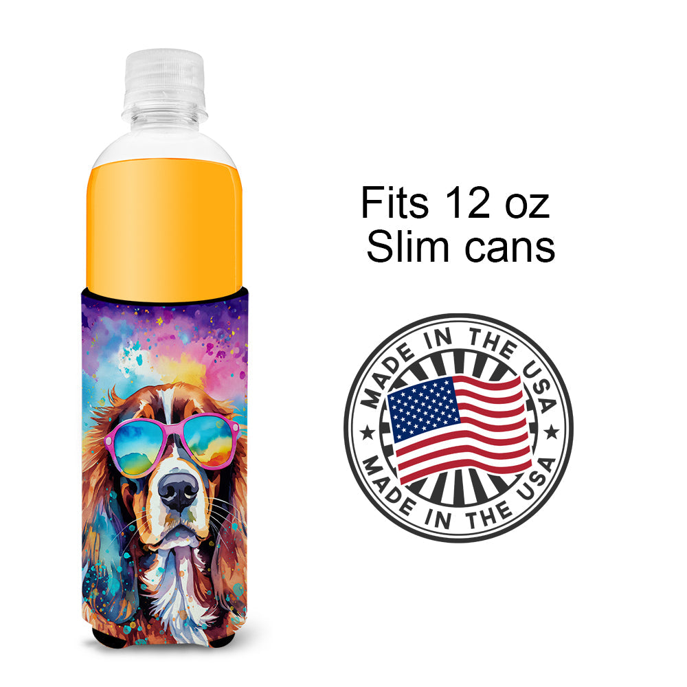 Cavalier Spaniel Hippie Dawg Slim Can Hugger , Insulated Foam Hugger for 12 oz Slim Cans, Beer Bottles & Water Bottles, Printed in USA