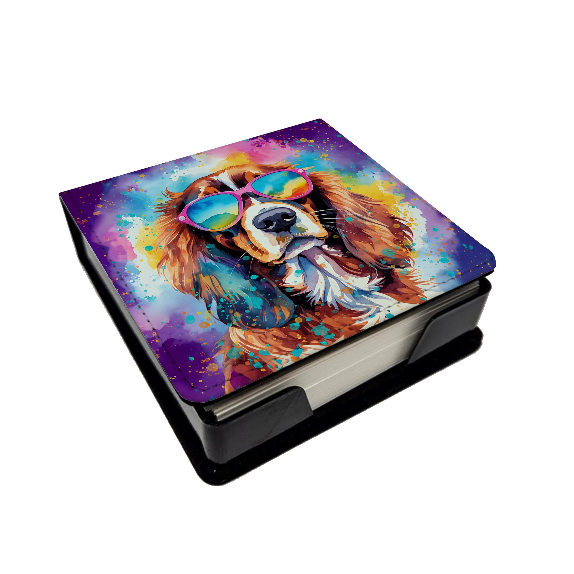 Cavalier Spaniel Hippie Dawg PU Leather Note Paper Holder with Artist-Designed Cover, Desk Accessory, Office Gift