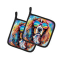 Cavalier Spaniel Hippie Dawg Pot Holder Set of 2 Heat Resistant Quilted Hot Pads 7.5 x 7.5 Inch, Insulated Kitchen Trivets for Cooking & Baking