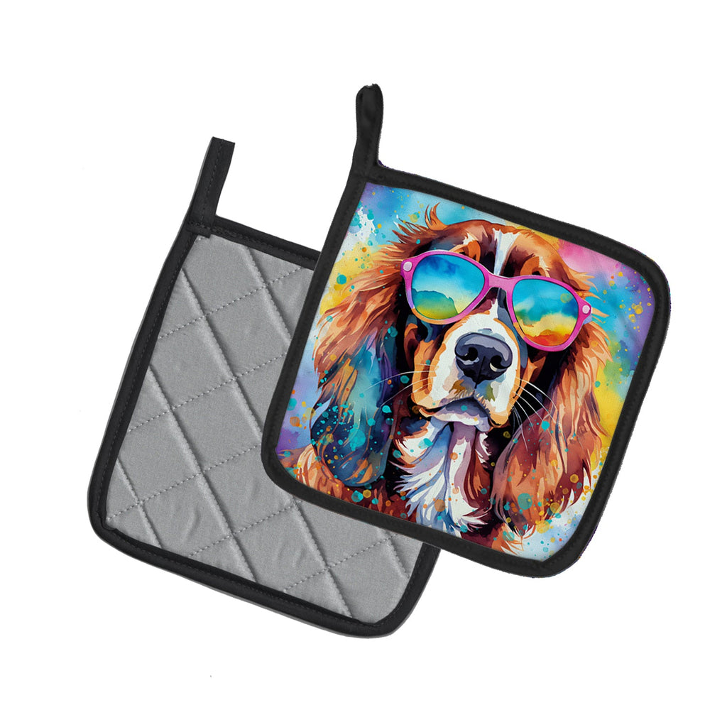 Cavalier Spaniel Hippie Dawg Pot Holder Set of 2 Heat Resistant Quilted Hot Pads 7.5 x 7.5 Inch, Insulated Kitchen Trivets for Cooking & Baking