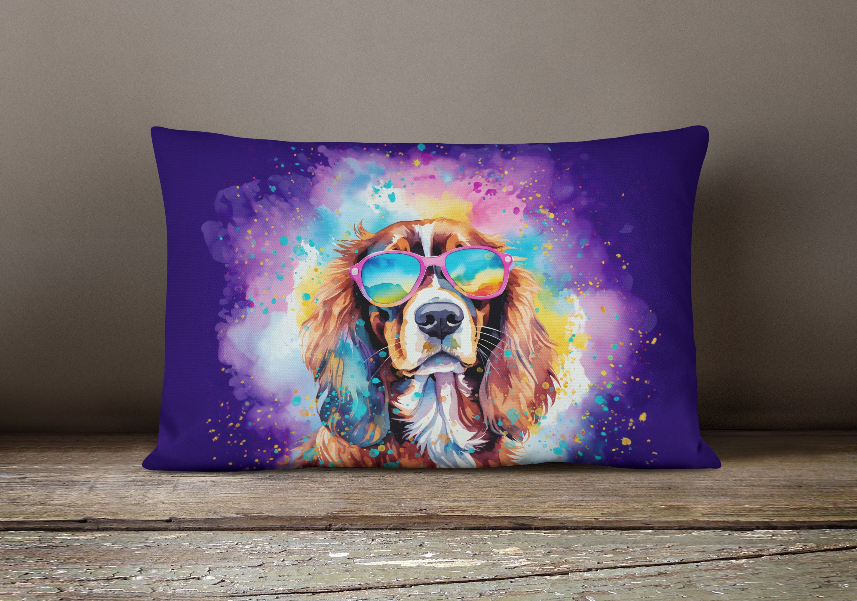 Cavalier Spaniel Hippie Dawg Decorative Throw Pillow 12x16 Indoor Outdoor Accent Cushion, Fabric Cover with Insert for Sofa, Bed, Porch & Living Room