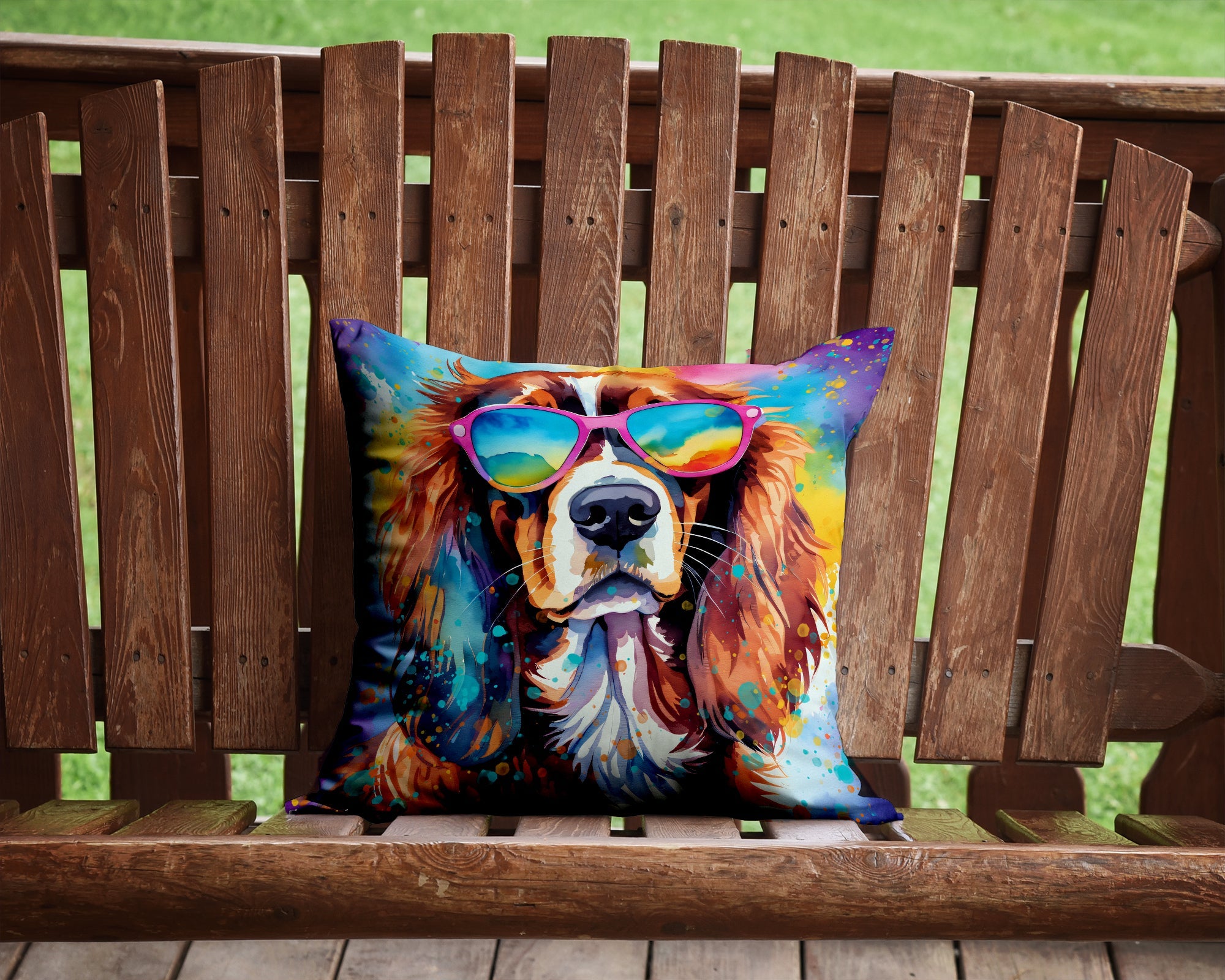 Cavalier Spaniel Hippie Dawg Decorative Throw Pillow 14x14 Indoor Outdoor Accent Cushion, Fabric Cover with Insert for Sofa, Bed, Porch & Living Room