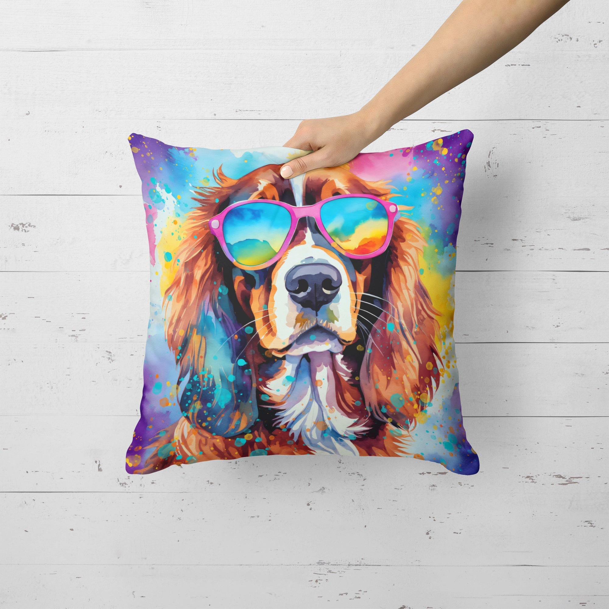 Cavalier Spaniel Hippie Dawg Decorative Throw Pillow 18x18 Indoor Outdoor Accent Cushion, Fabric Cover with Insert for Sofa, Bed, Porch & Living Room