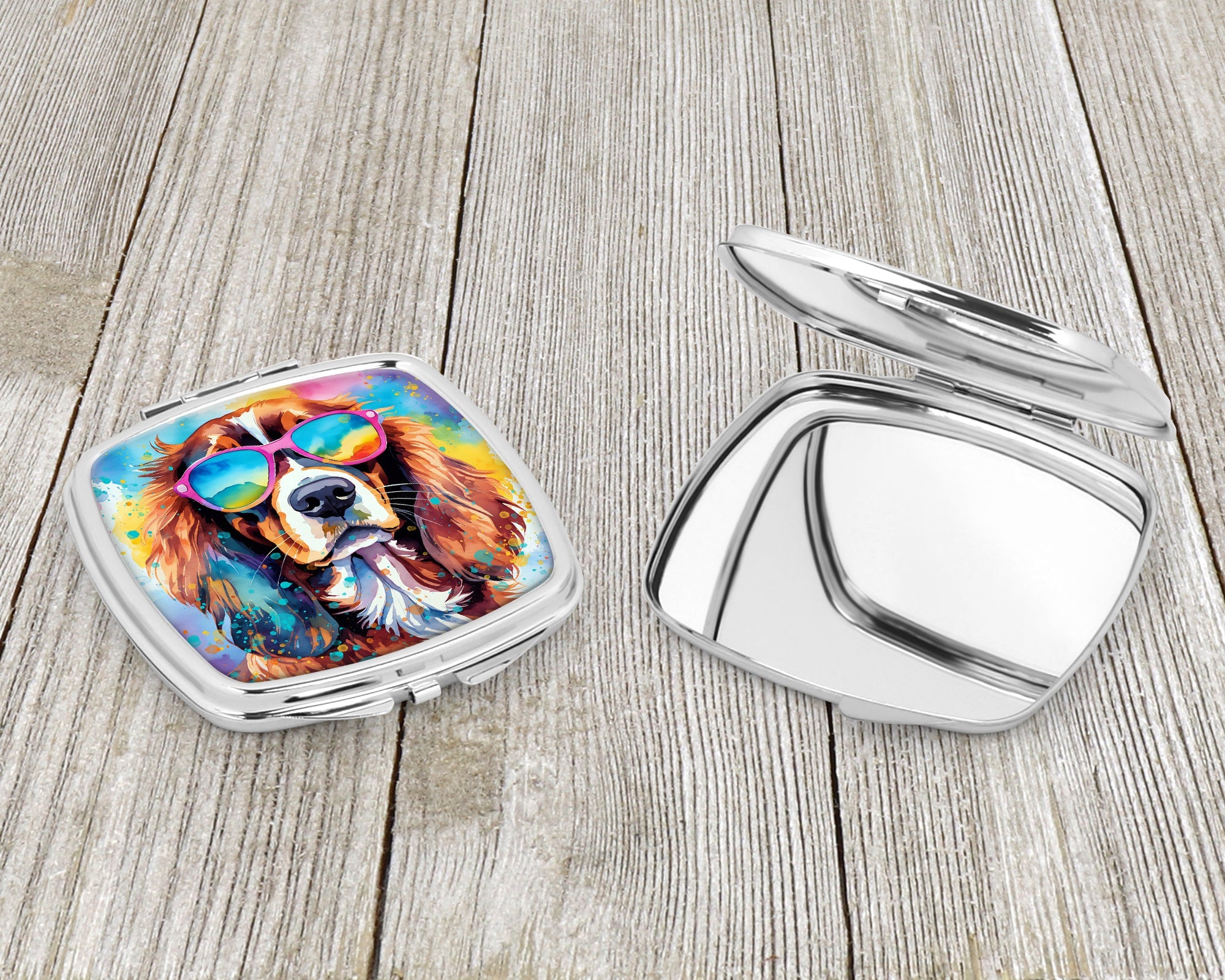 Cavalier Spaniel Hippie Dawg Compact Mirror Decorative Travel Makeup Mirror for Women Girls Gifts Pocket Makeup Mirror Folding Handheld