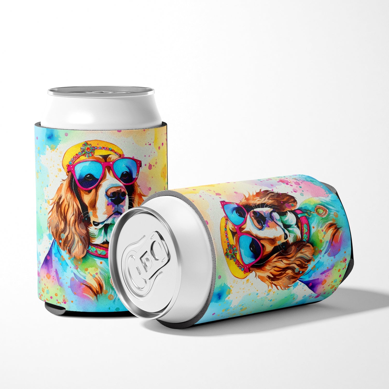 Cavalier Spaniel Hippie Dawg Can or Bottle Hugger Cooler Sleeve for Standard 12 oz Cans, Insulated Foam Beer & Soda Can Hugger Reusable