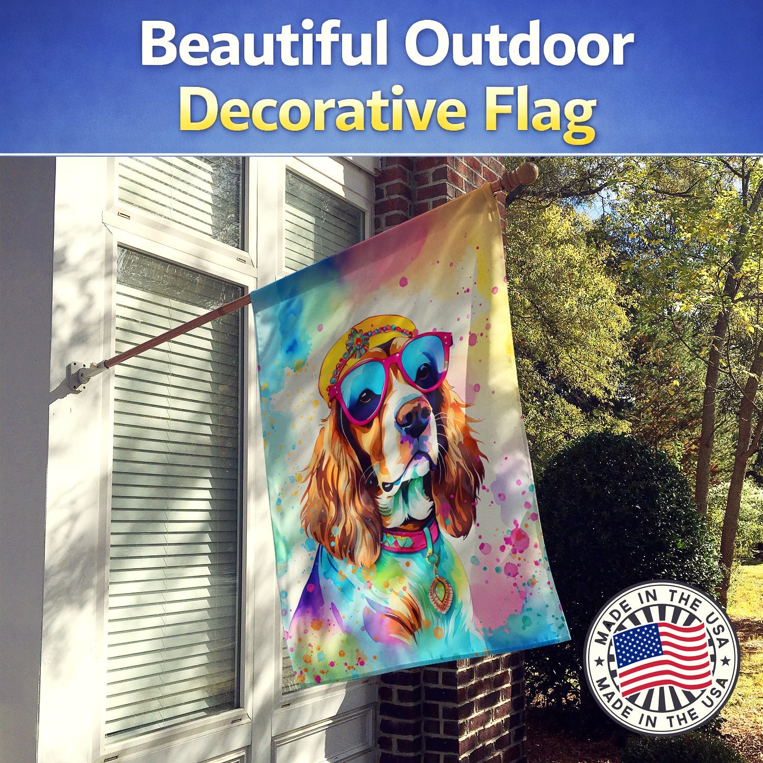 Cavalier Spaniel Hippie Dawg House Flag 28x40 Porch Sleeve Pole Decorative Outside Yard Banner Artwork Wall Hanging, Polyester